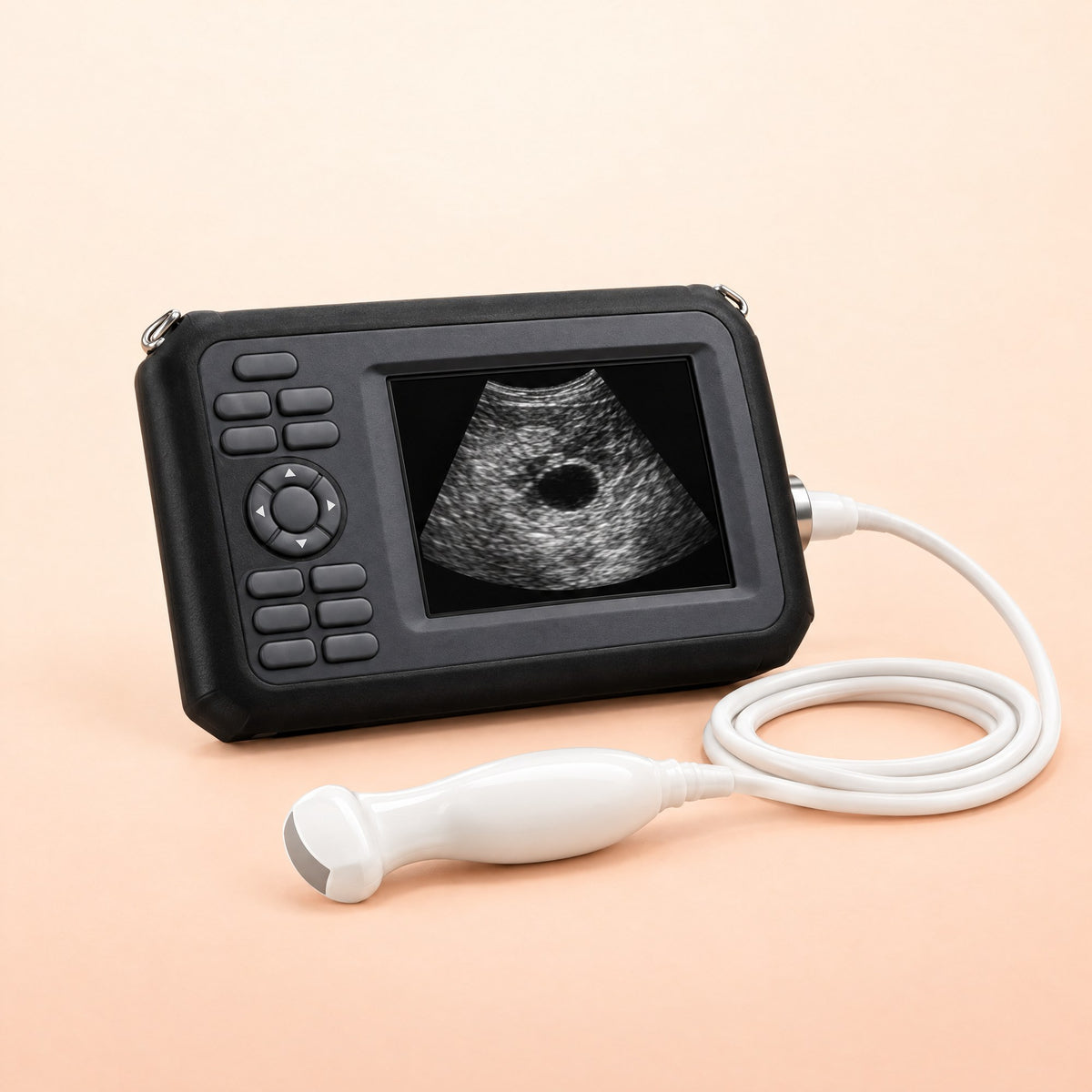 Kiba Echo handheld pregnancy ultrasound with its white micro-convex probe
