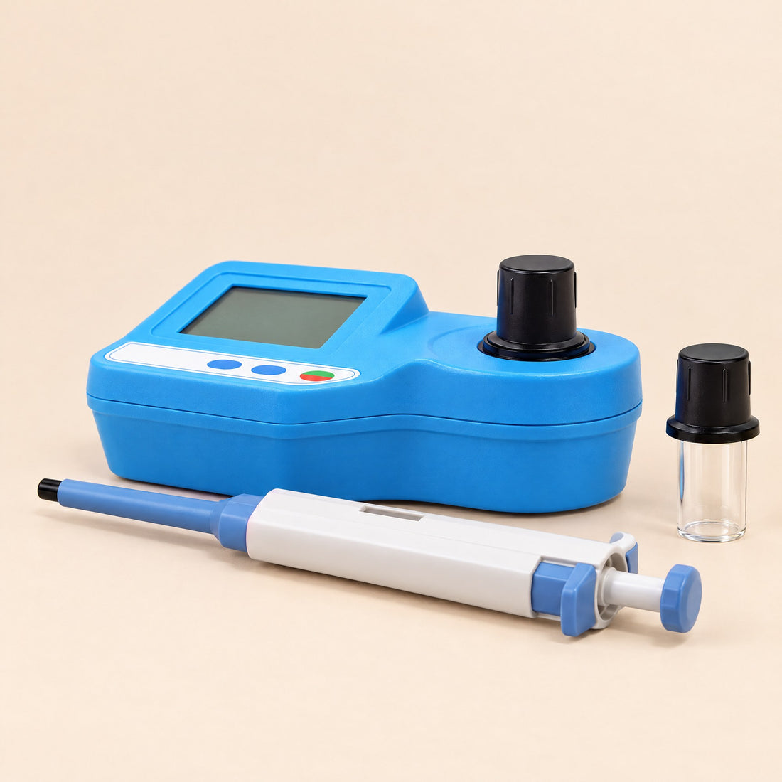 Kiba Density sperm concentration meter with a capped glass cuvette in its well, a second cuvette and the micropipette beside it