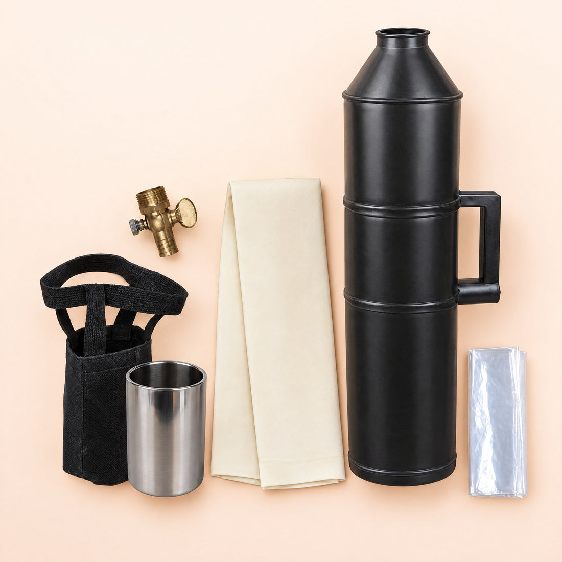 Everything in the Kiba Collect kit: artificial vagina body, brass valve, latex liner, steel collection cup, canvas holder and disposable liners