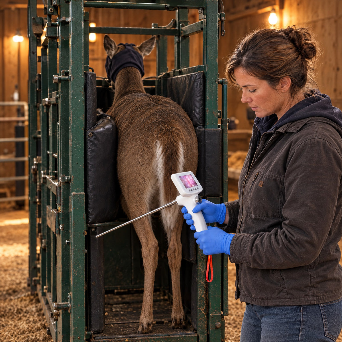 A deer farmer holding Kiba Scope Deer beside a hooded whitetail doe in a padded deer chute