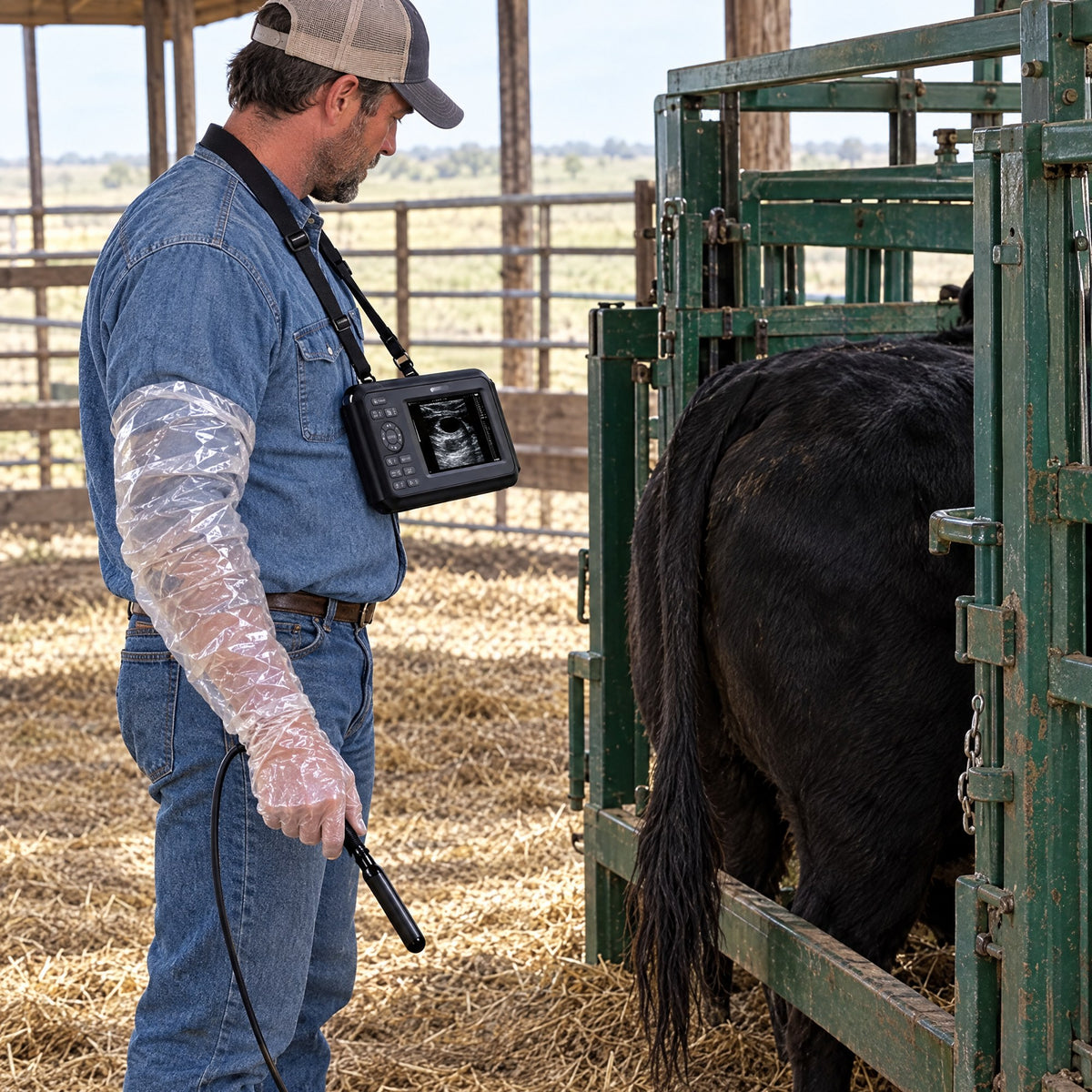 A rancher with Kiba Echo on a chest strap and an obstetric sleeve beside a black Angus cow in a squeeze chute