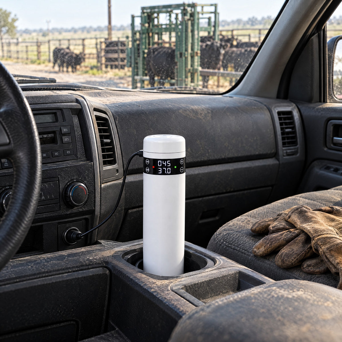 Kiba Thaw standing in the cup holder of a pickup truck, plugged into the 12 V socket, cattle pens through the windshield