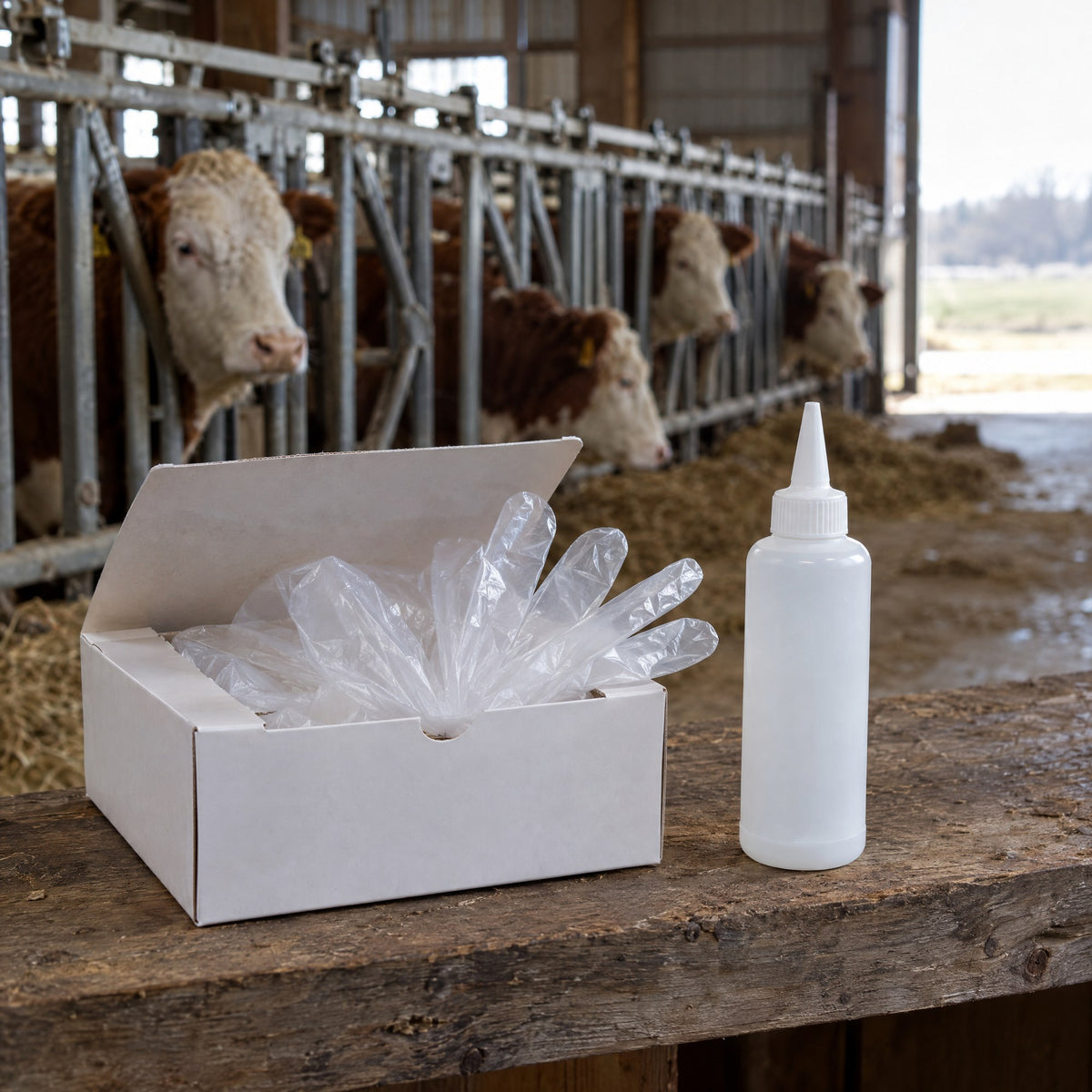 The gloves and gel on a barn shelf with cows in the headlocks behind