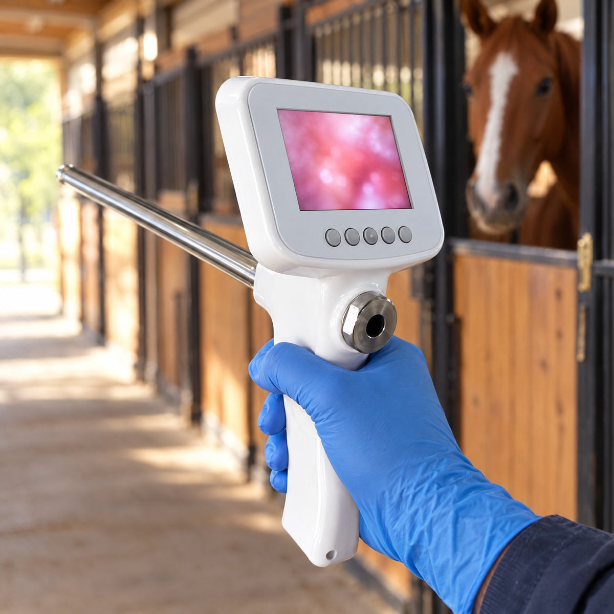 The screen of Kiba Scope Equine held in a gloved hand in a horse barn aisle