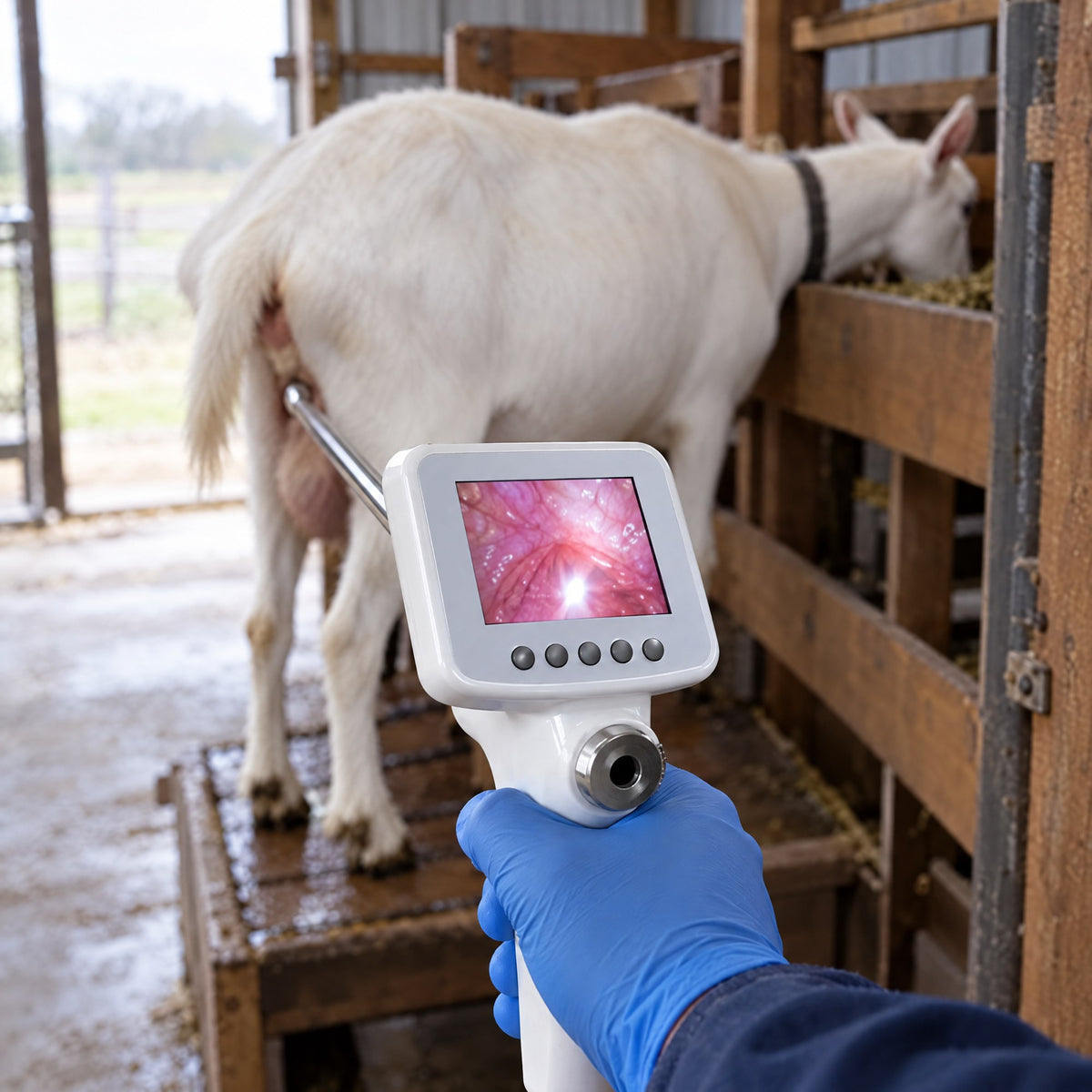 The screen of Kiba Scope Goat in a gloved hand, a Saanen doe on the milking stand behind
