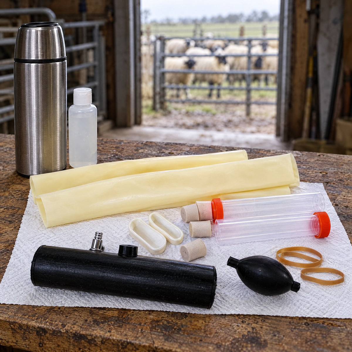 The Kiba Collect Goat parts on a paper towel on a barn workbench with a flask and lubricant