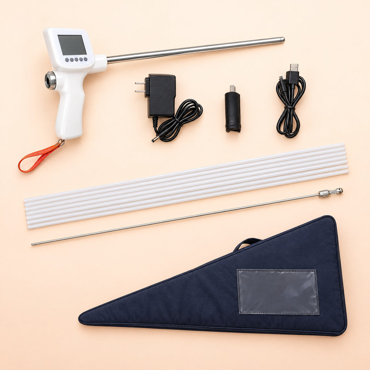 Everything in the Kiba Scope Equine kit: gun, charger with US plug, adapter, heating cable, 25 sheaths, 70 cm insemination rod and padded bag