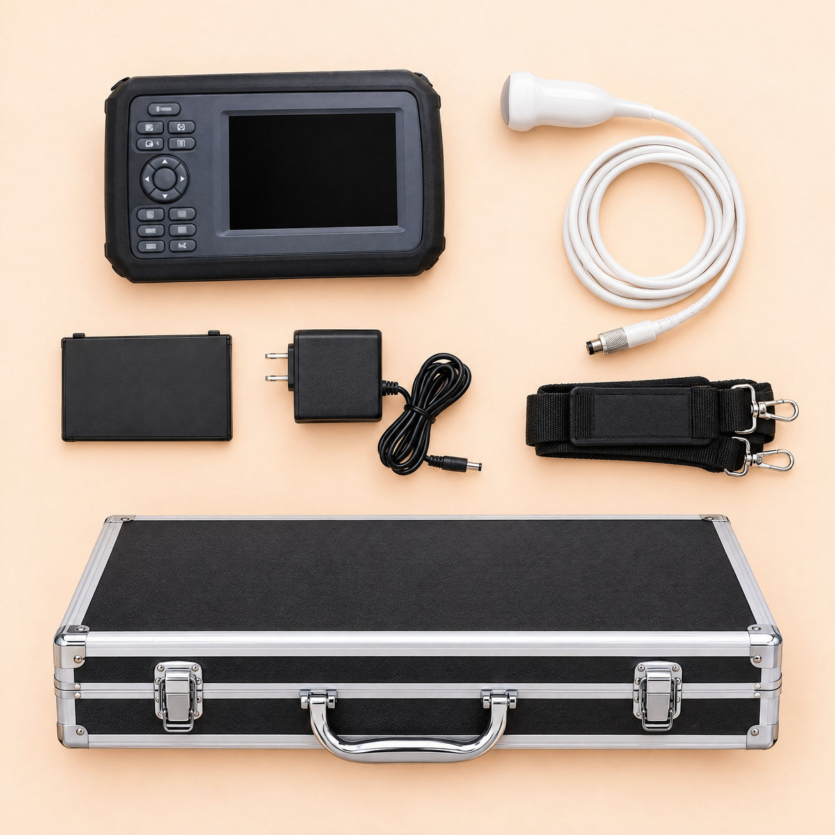 Everything in the Kiba Echo box: scanner, micro-convex probe, battery, charger with US plug, carry strap and aluminium case