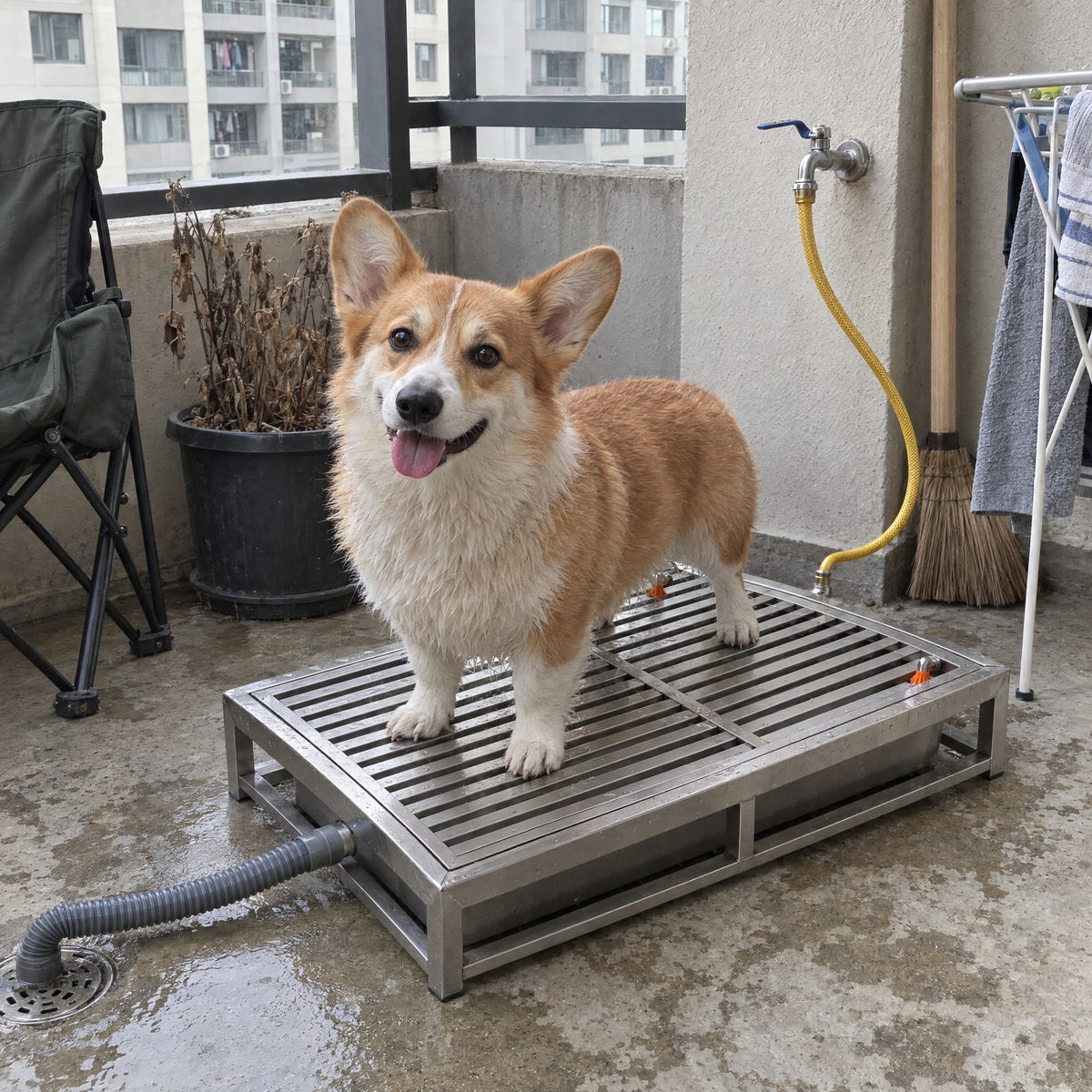 A corgi standing on a Kiba Rinse on an apartment balcony
