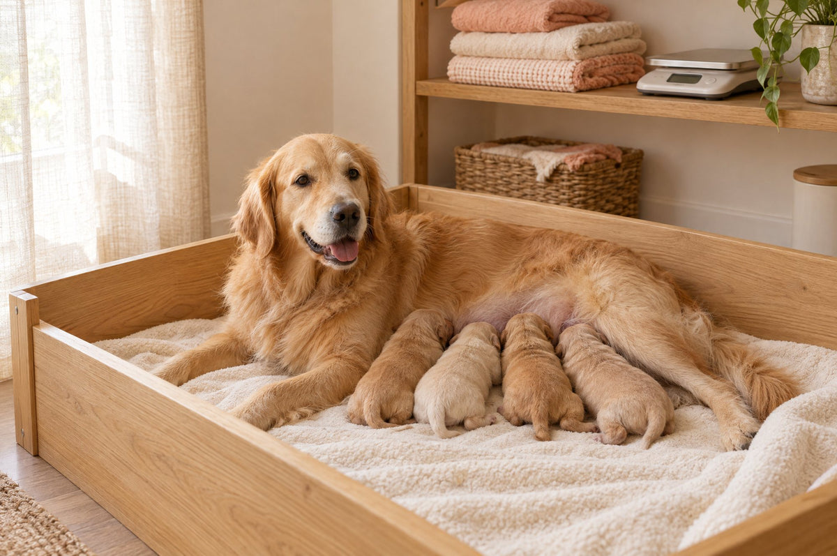 A golden retriever mother with her newborn puppies in a wooden whelping box