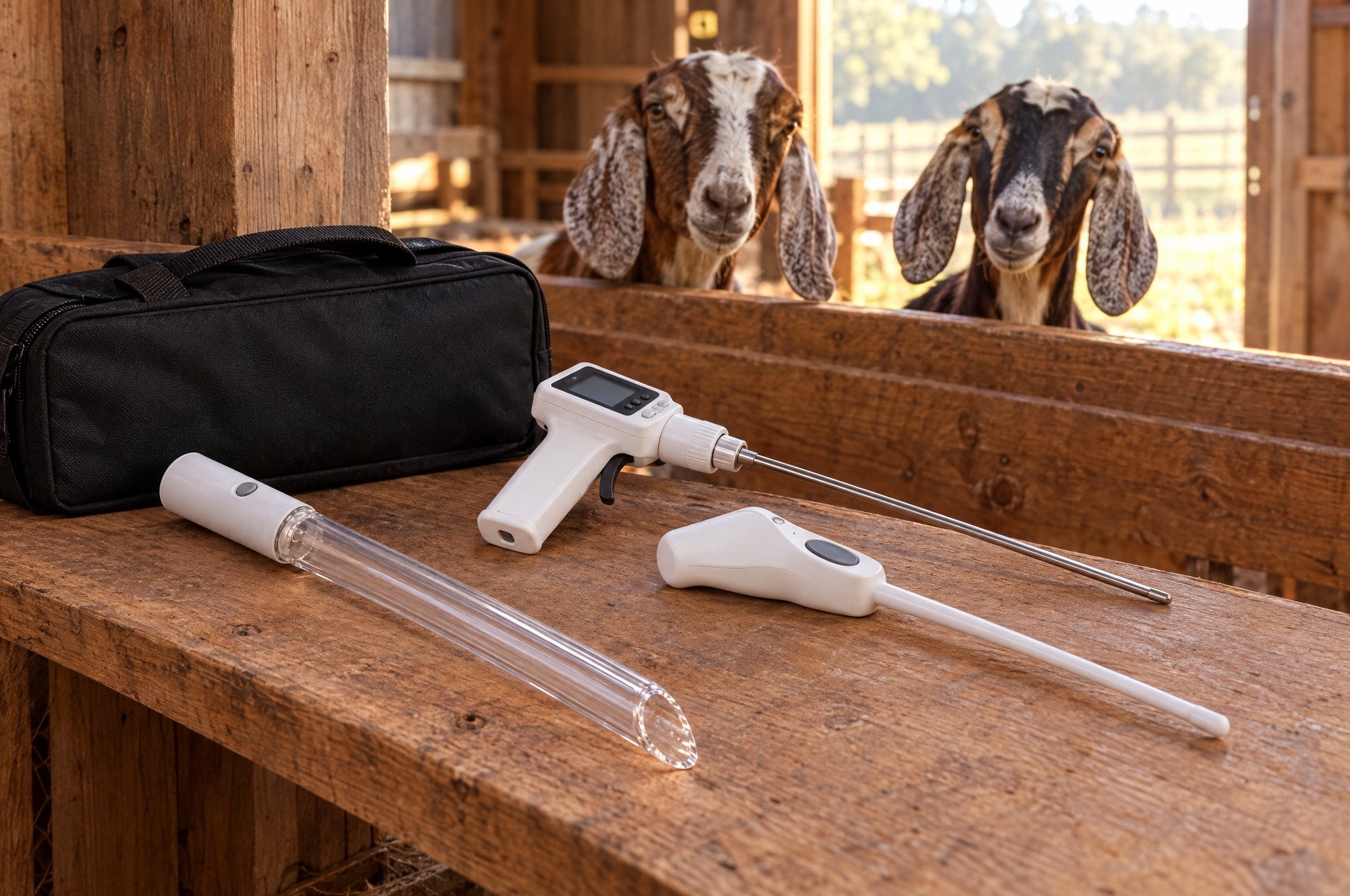 Kiba Beam on a barn shelf beside Kiba Scope Goat and Kiba Season Goat, two Nubian goats looking over the rail