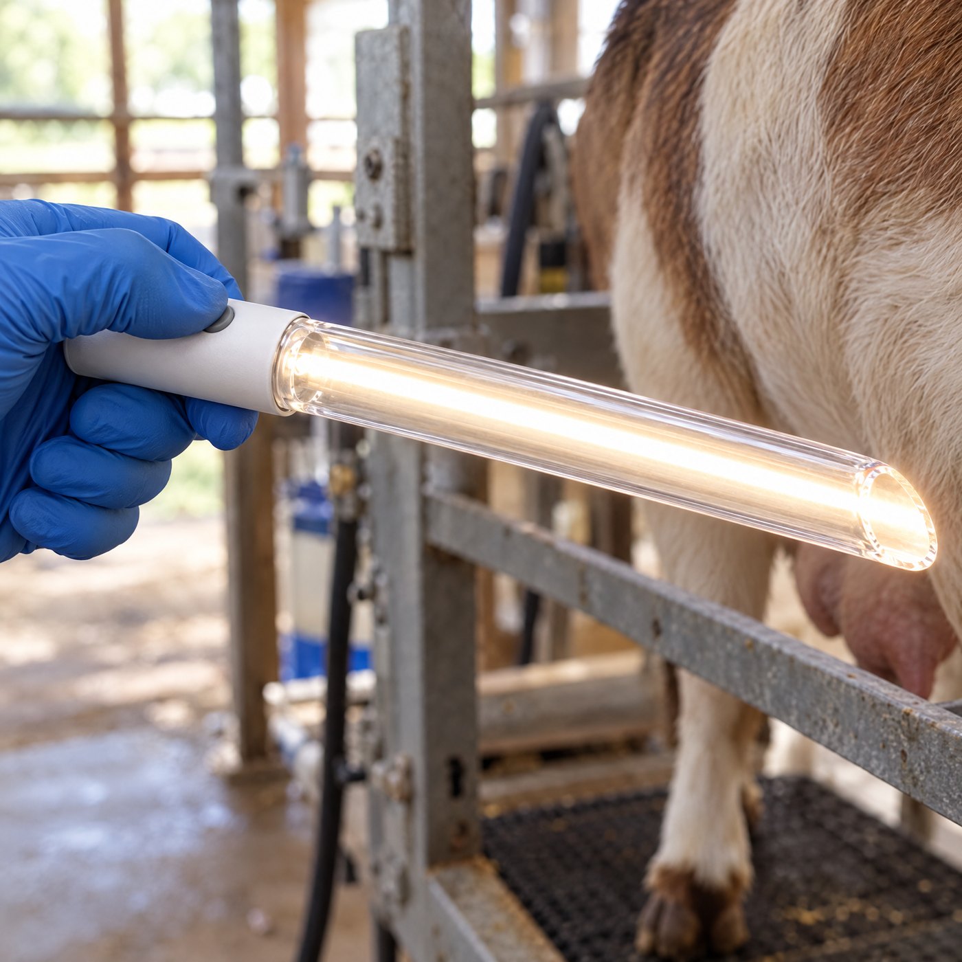 A gloved thumb pressing the button on the Kiba Beam handle as the clear tube lights up, a milking stand behind