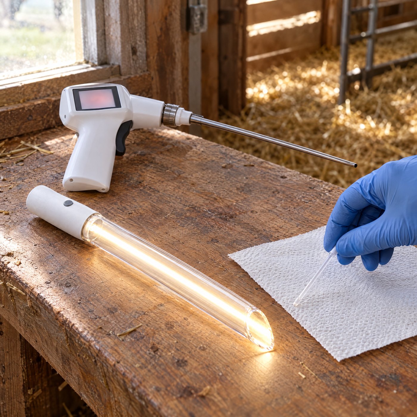 The lit Kiba Beam on a barn bench beside Kiba Scope Goat and an insemination pipette