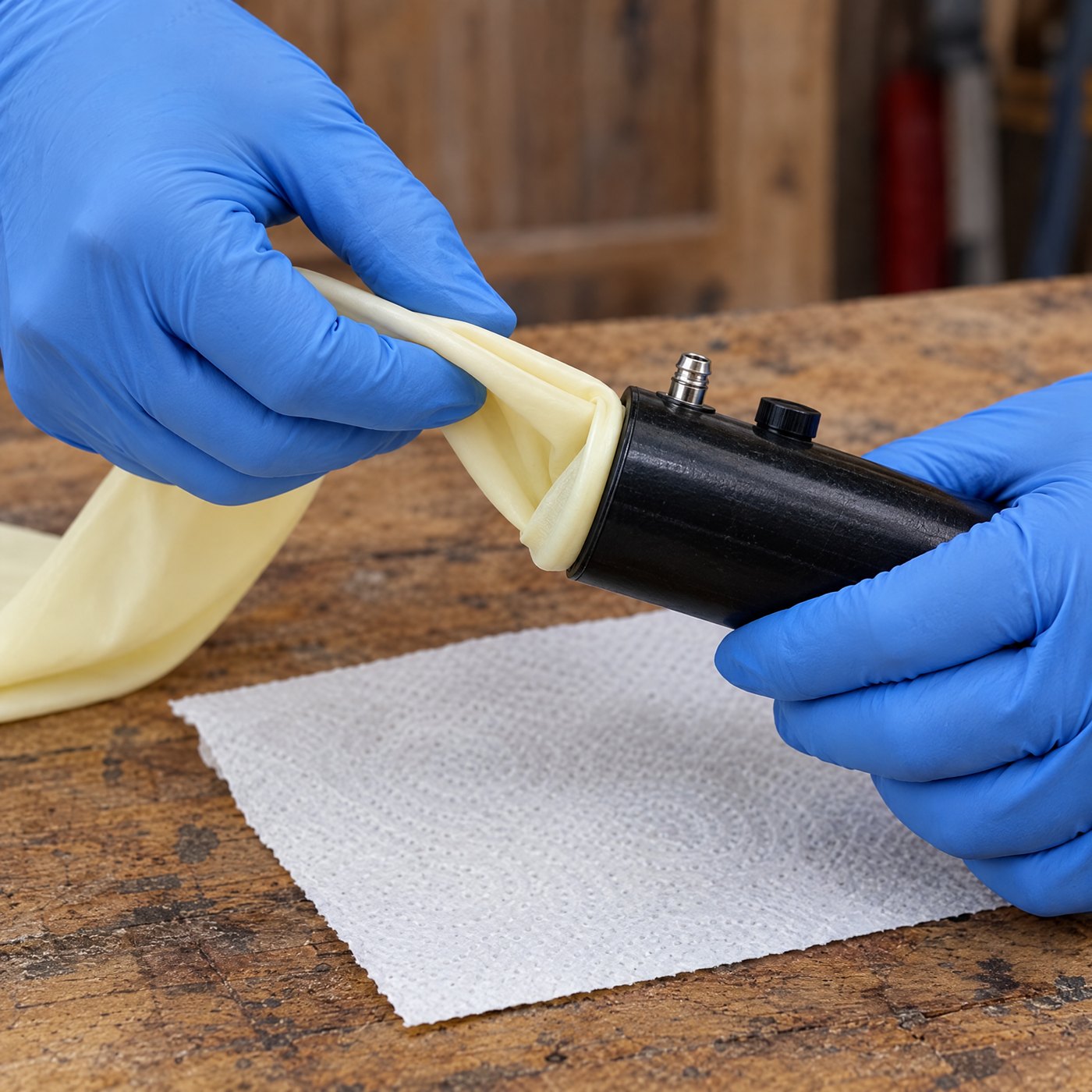 Gloved hands threading the latex liner through the black body of Kiba Collect Goat and folding it over the rim