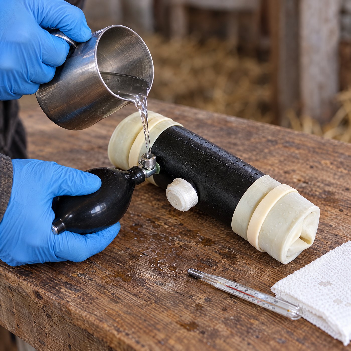 A gloved hand pouring warm water into the side port of Kiba Collect Goat while the other holds the squeeze bulb