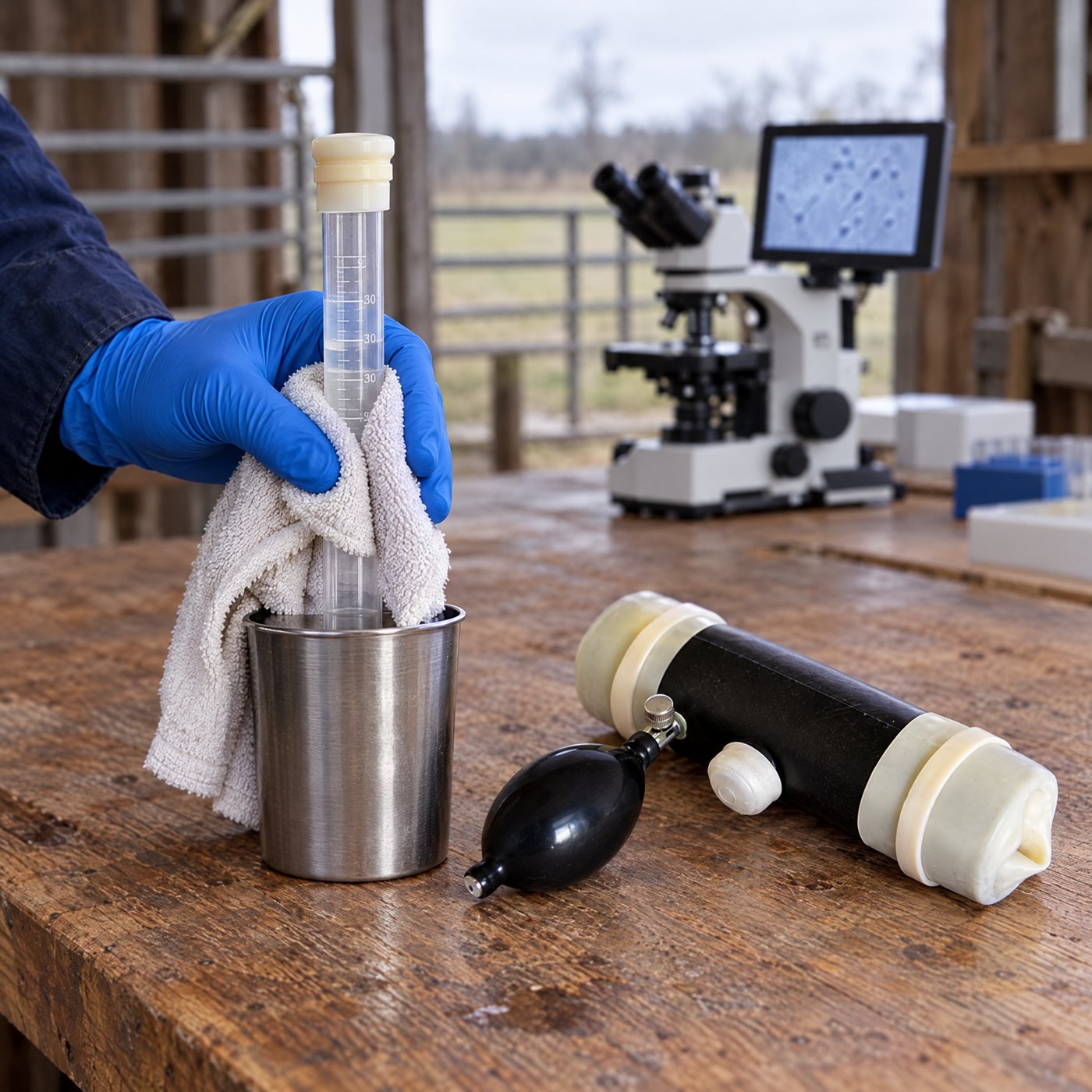 A gloved hand standing a stoppered collection tube wrapped in a towel into a steel cup on a barn workbench beside Kiba Collect Goat