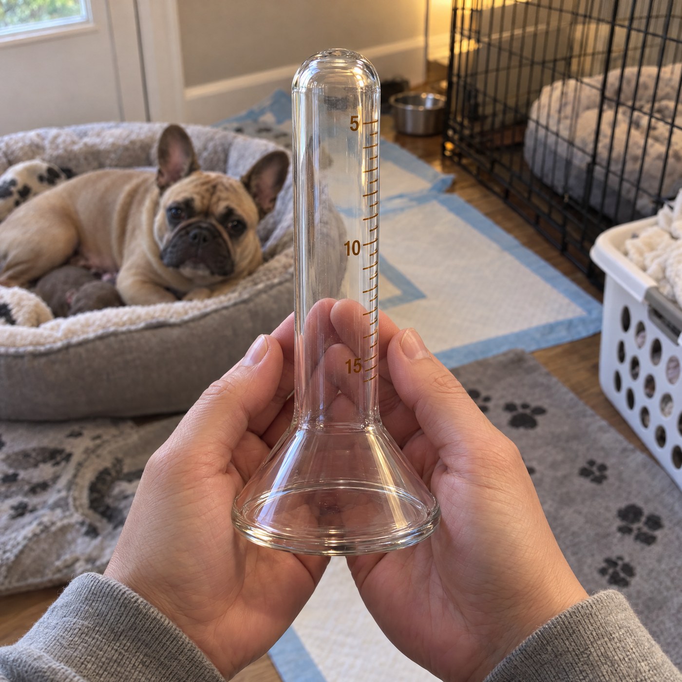 Two hands holding the empty Kiba Collection Cup to warm the glass, a French bulldog resting in the background