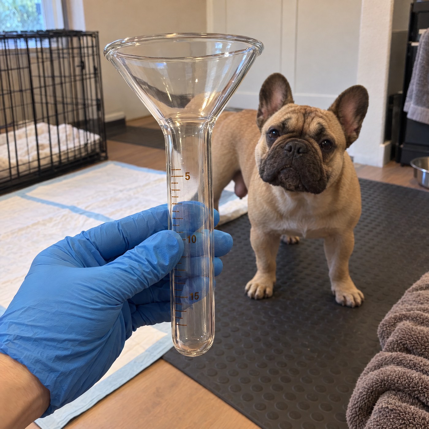 A gloved hand holding the Kiba Collection Cup mouth up in a home breeding room, a French bulldog standing behind
