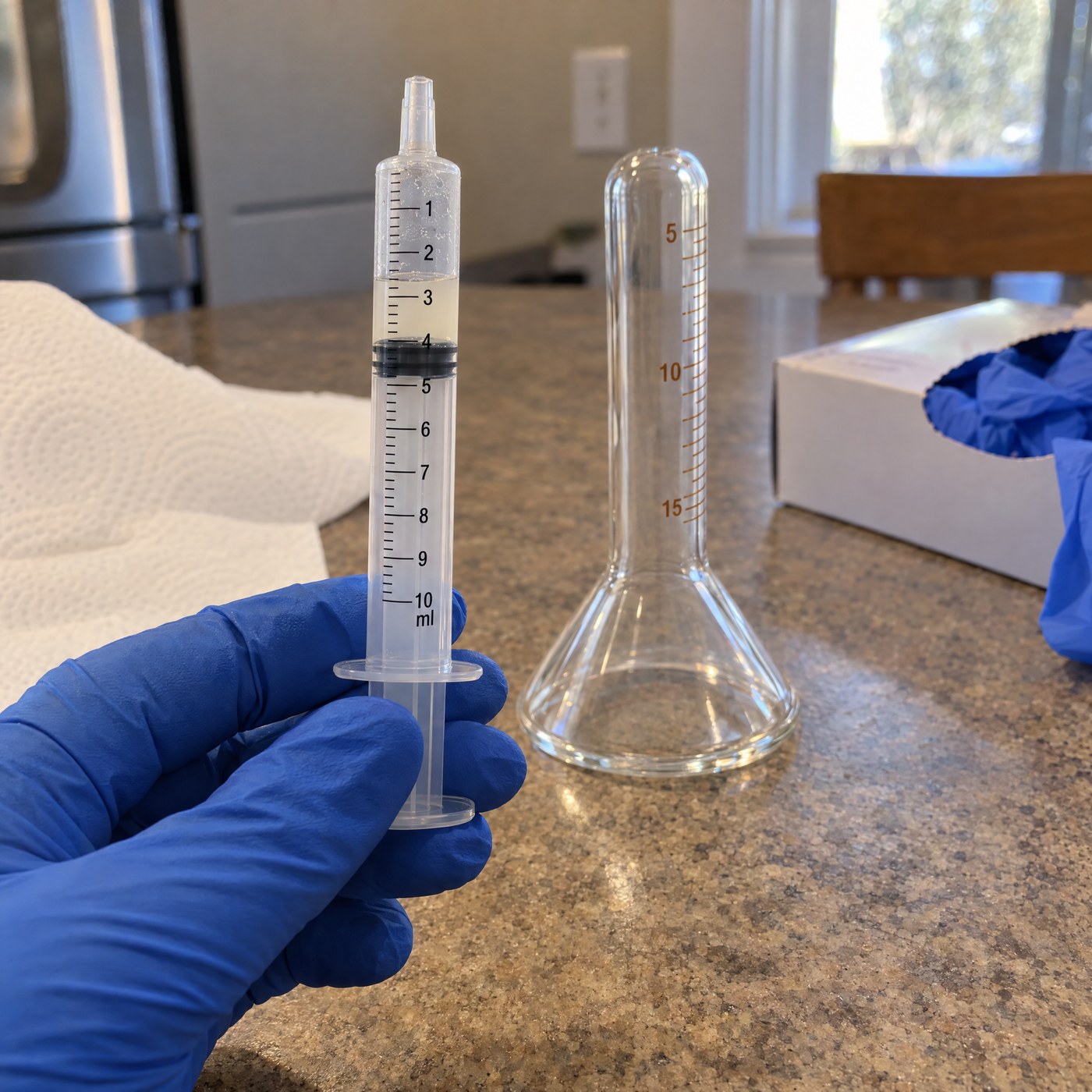 A gloved hand holding up a 10 ml syringe with about 3 ml drawn up, the glass cup on the table behind