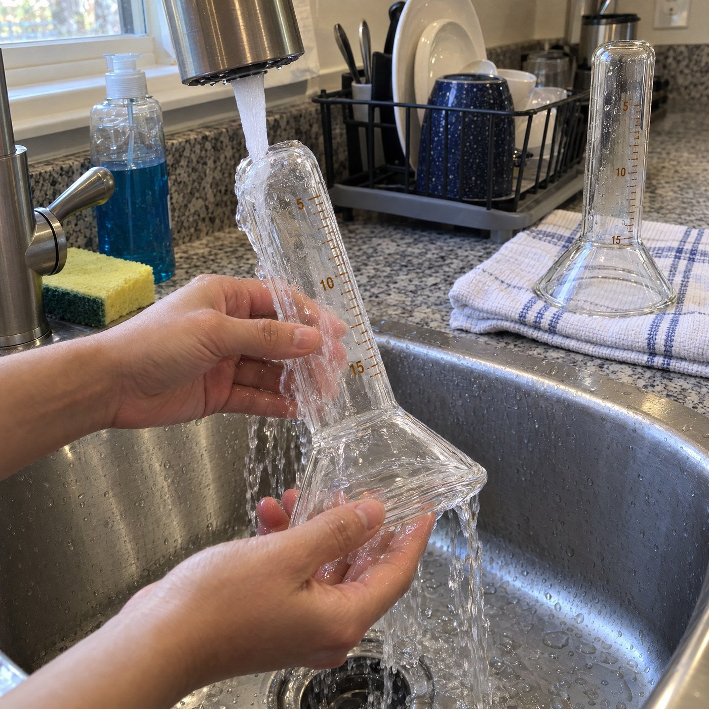Hands rinsing the glass collection cup under a kitchen tap, a second cup drying on a towel
