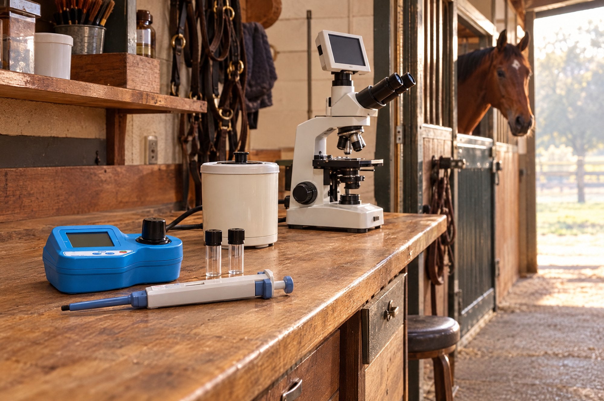 Kiba Density on a tack-room bench with cuvettes, Kiba Warm and Kiba Lens, a stallion looking out of his stall behind