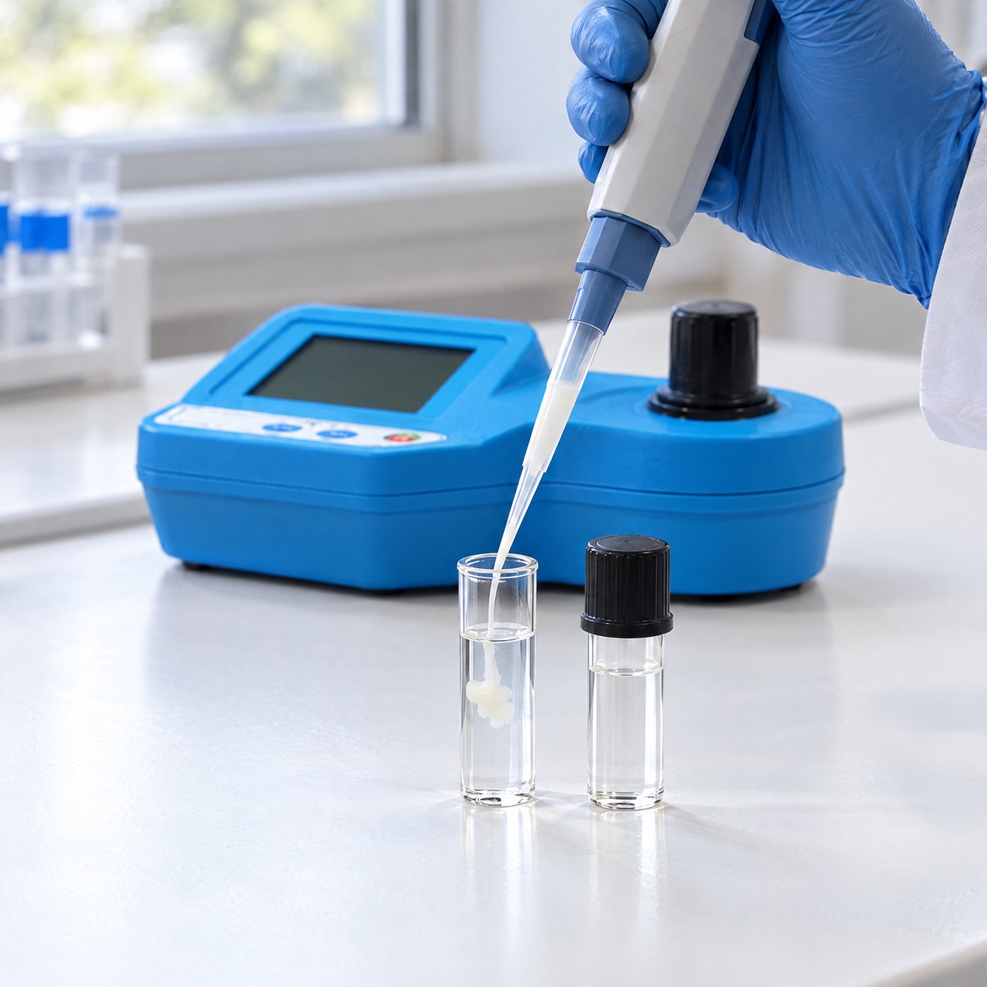 A gloved hand pipetting a small amount of semen into a glass cuvette of extender beside Kiba Density