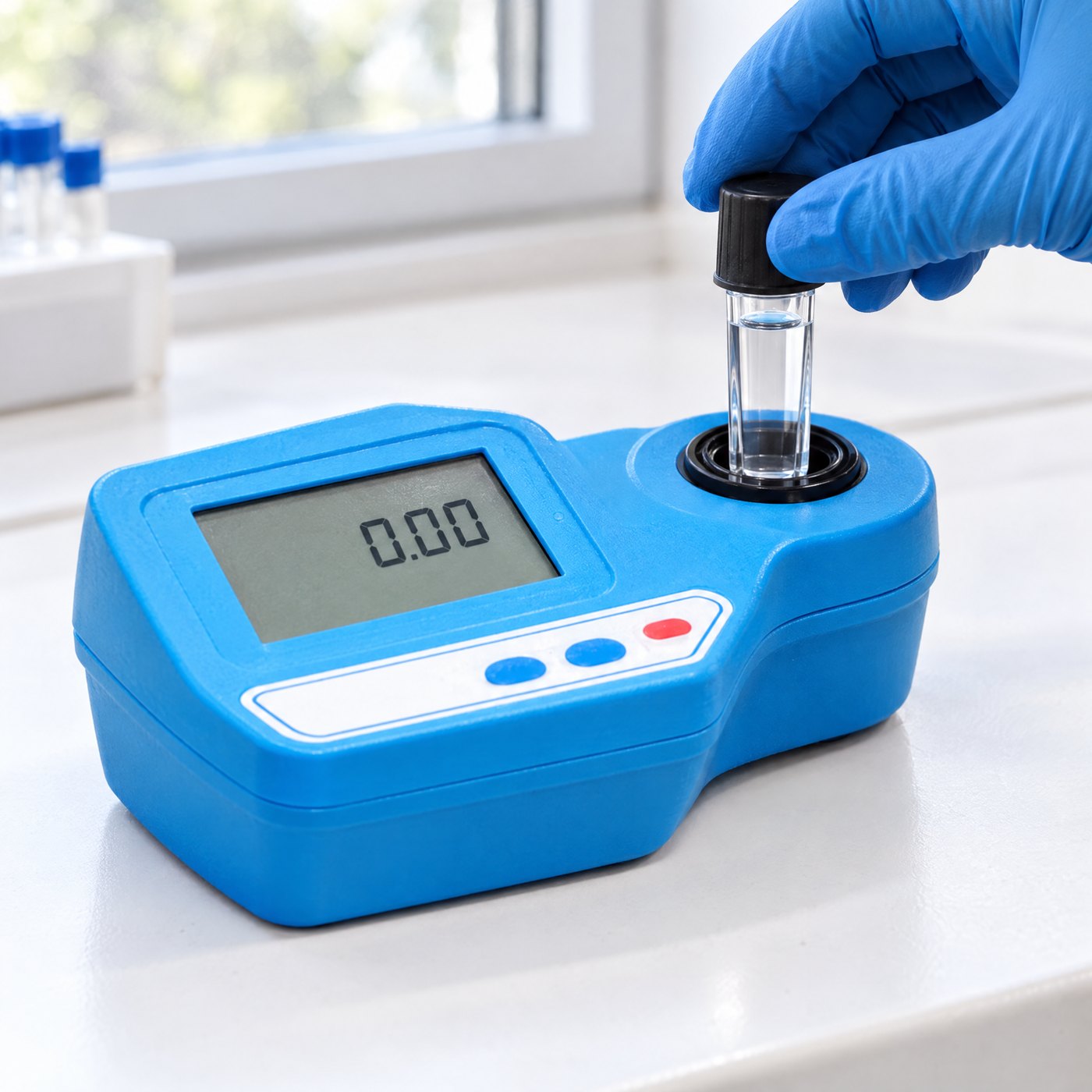 A gloved hand lowering a capped glass cuvette into the well of Kiba Density, the screen reading 0.00