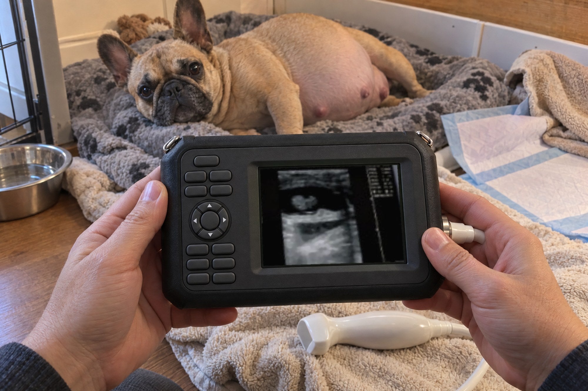 Hands holding Kiba Echo, the screen showing a pregnancy scan, a pregnant French Bulldog resting behind