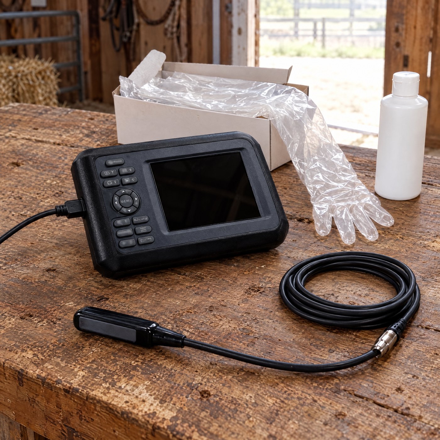 Kiba Echo charging on a barn workbench next to its black rectal probe, a box of obstetric sleeves and a bottle of lubricant