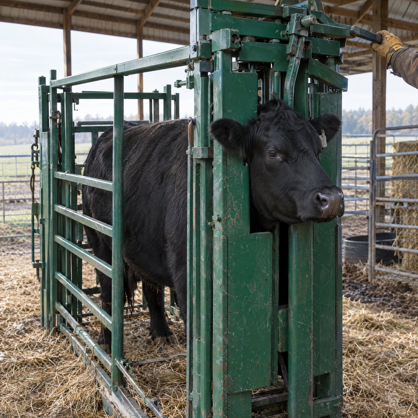 A black Angus cow standing calmly with her head in the headgate of a green squeeze chute