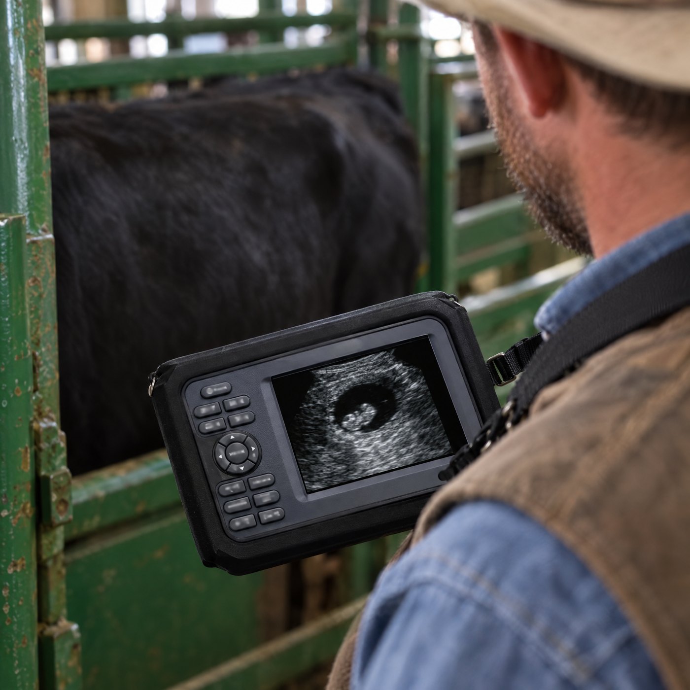 Over the shoulder of a rancher reading an early pregnancy on the Kiba Echo screen hanging at his chest, a cow in a chute ahead