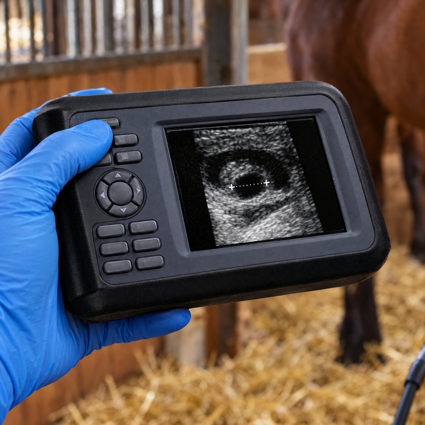 A gloved thumb pressing the freeze button on Kiba Echo, a vesicle measured between two markers on the screen, a horse stall behind