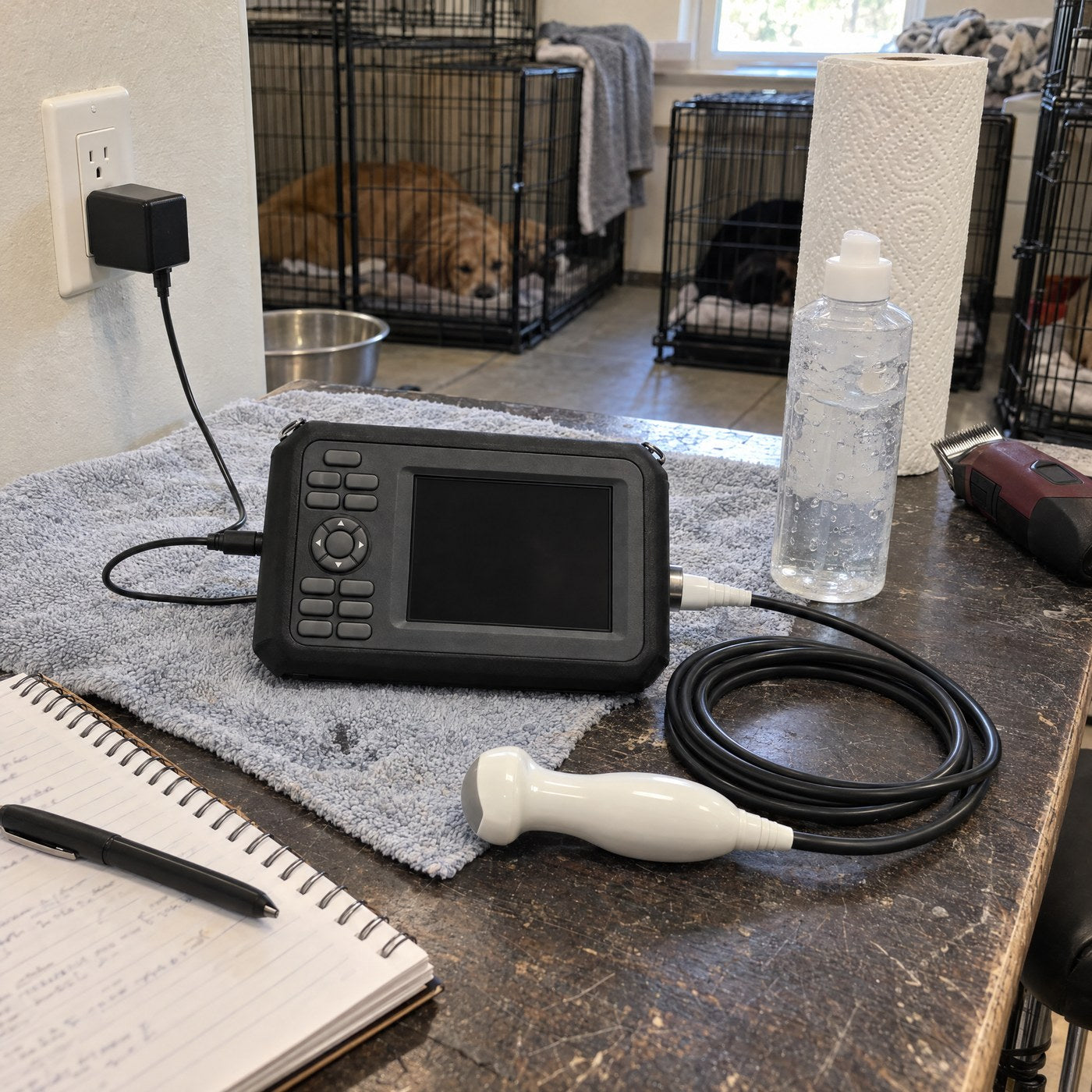 Kiba Echo charging on a kennel table next to its micro-convex probe and a bottle of ultrasound gel