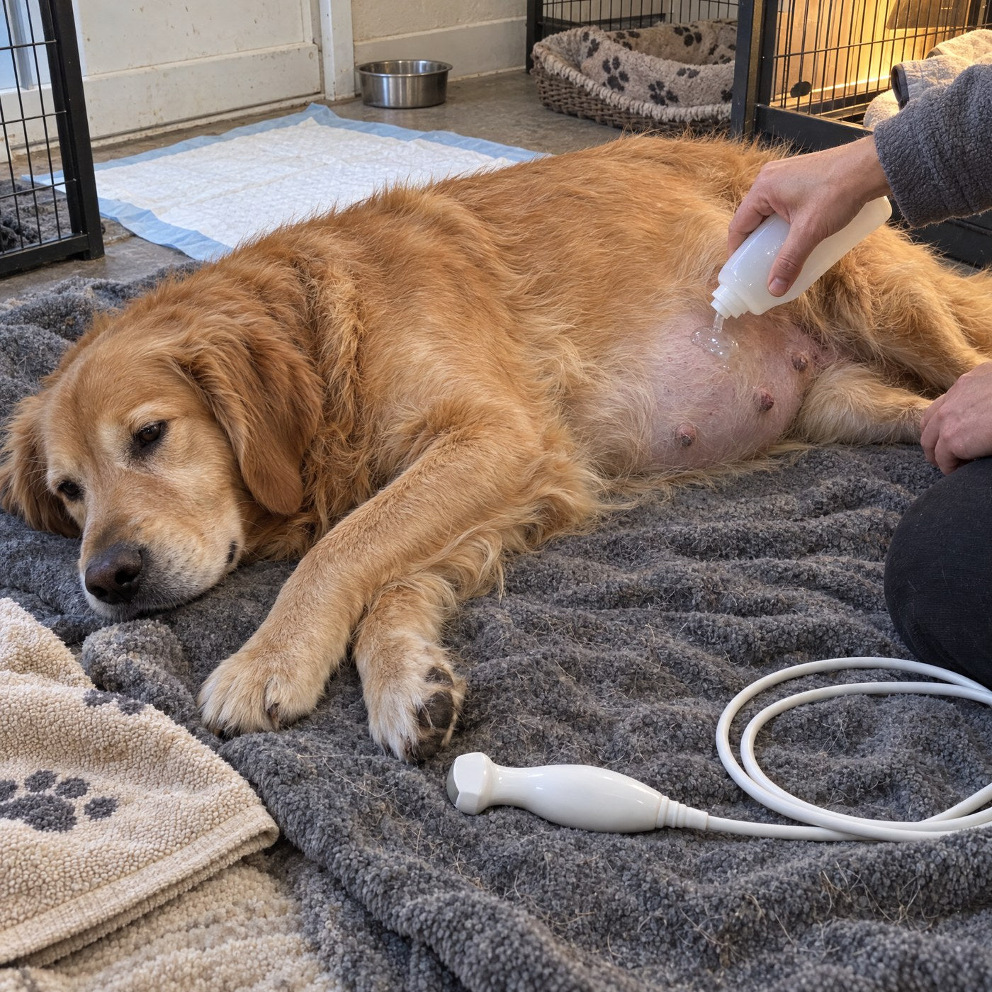 A breeder putting ultrasound gel on the lower belly of a pregnant golden retriever lying on a grey blanket