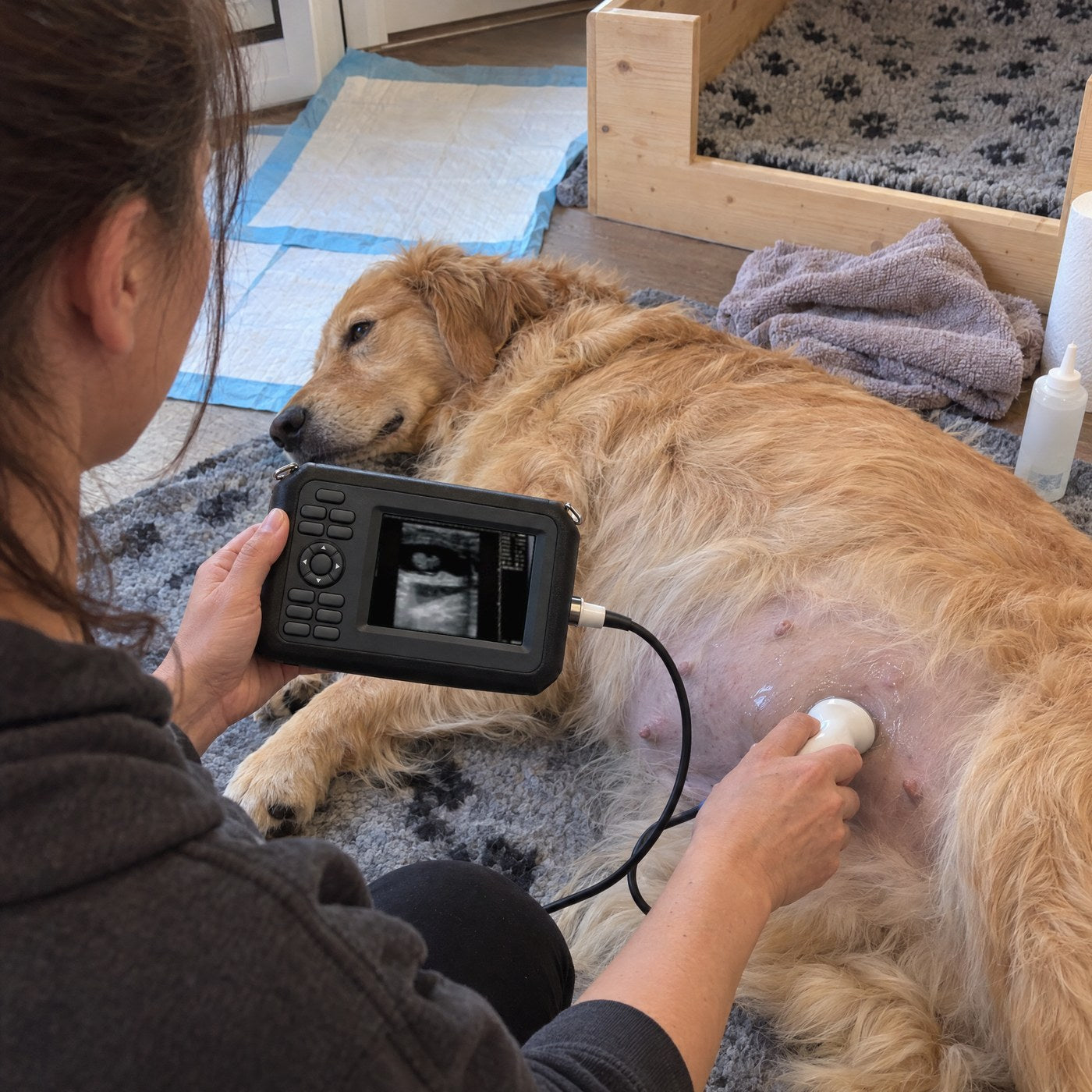 Over the shoulder of a breeder watching dark round pregnancy sacs on the Kiba Echo screen while scanning a golden retriever