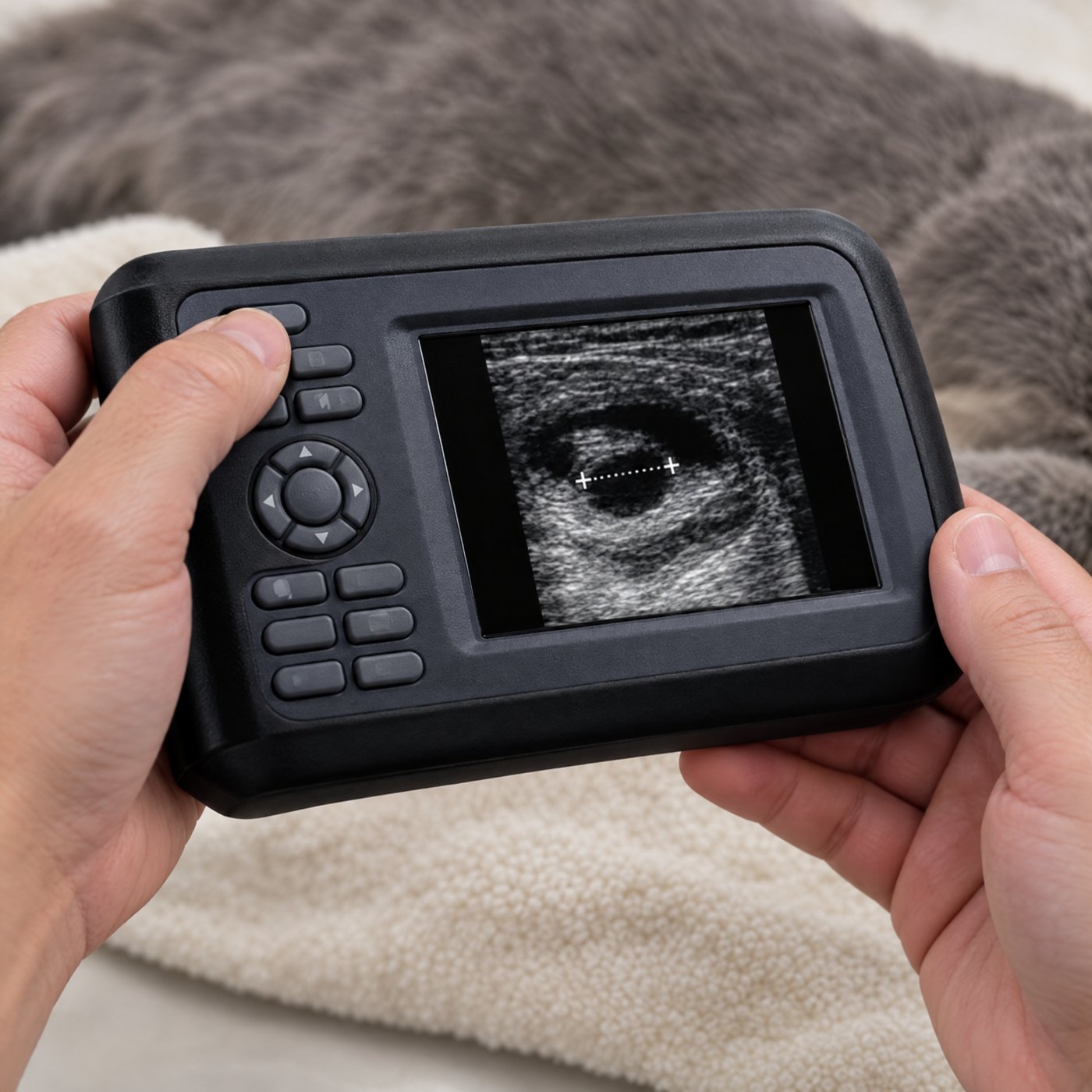 A thumb pressing the freeze button on Kiba Echo, a sac measured between two markers on the screen
