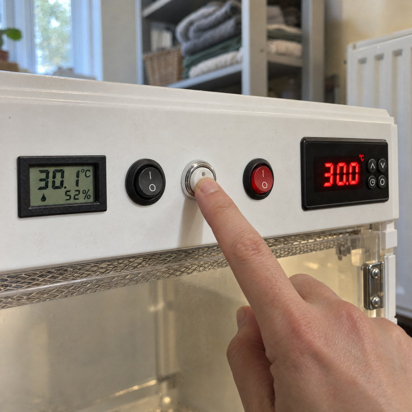 A finger on the control strip of the Kiba Nest, thermostat reading 30.0