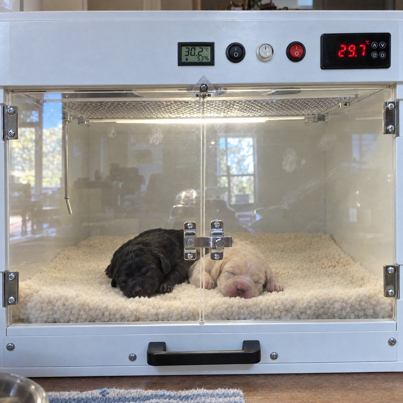 Two newborn puppies asleep on a fleece blanket seen through the clear doors