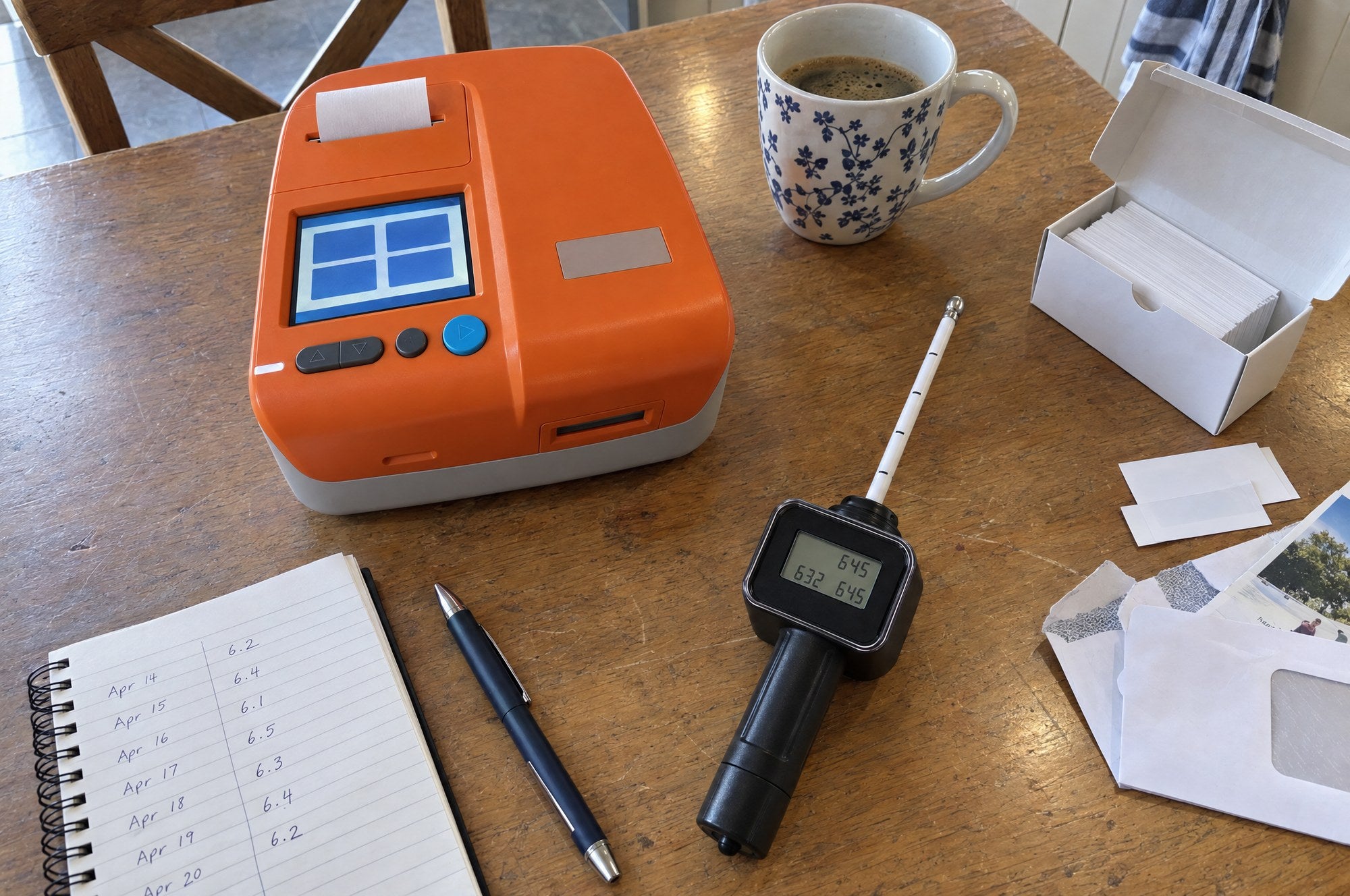 Kiba Peak reader and the handheld Kiba Season meter side by side on an oak table