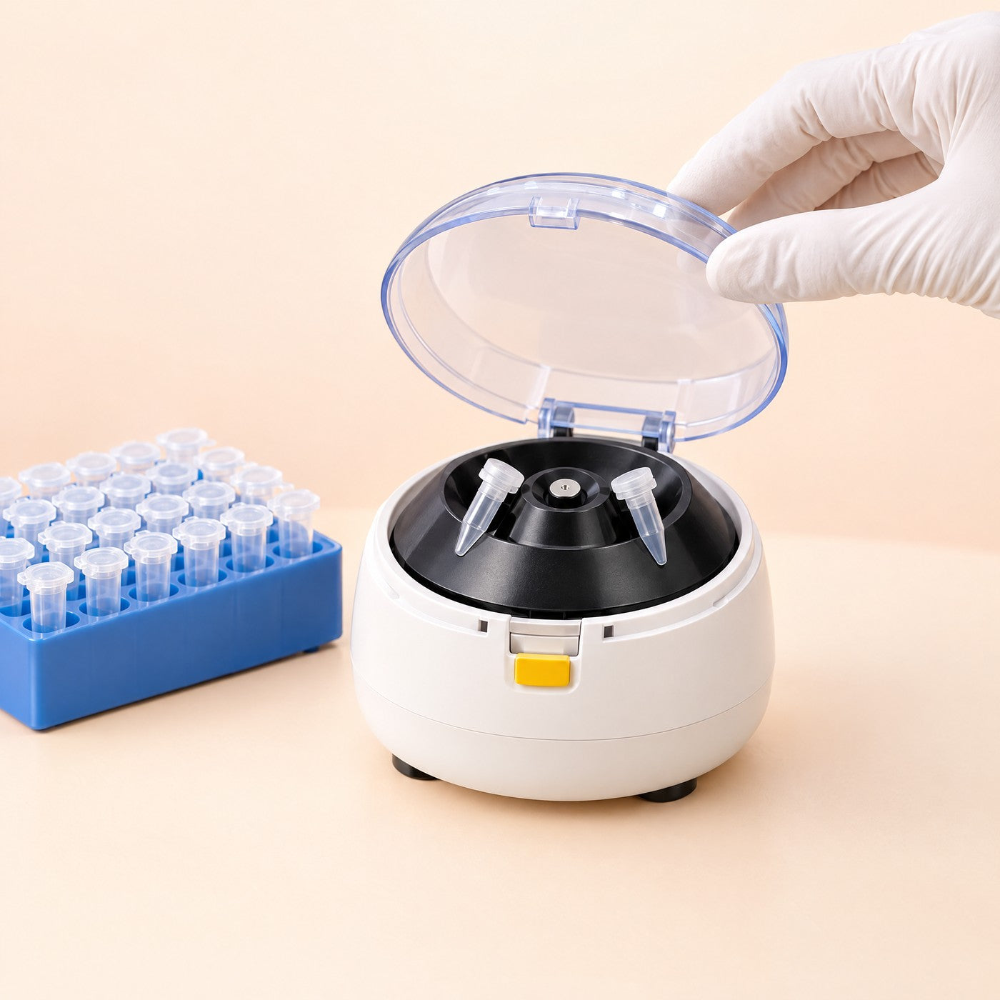 A hand closing the lid of the small round centrifuge that comes with Kiba Peak, two capped tubes inside