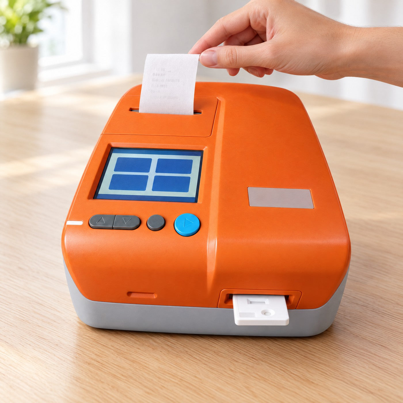 The Kiba Peak reader on a table with a printed result strip emerging from its top and a hand reaching for it