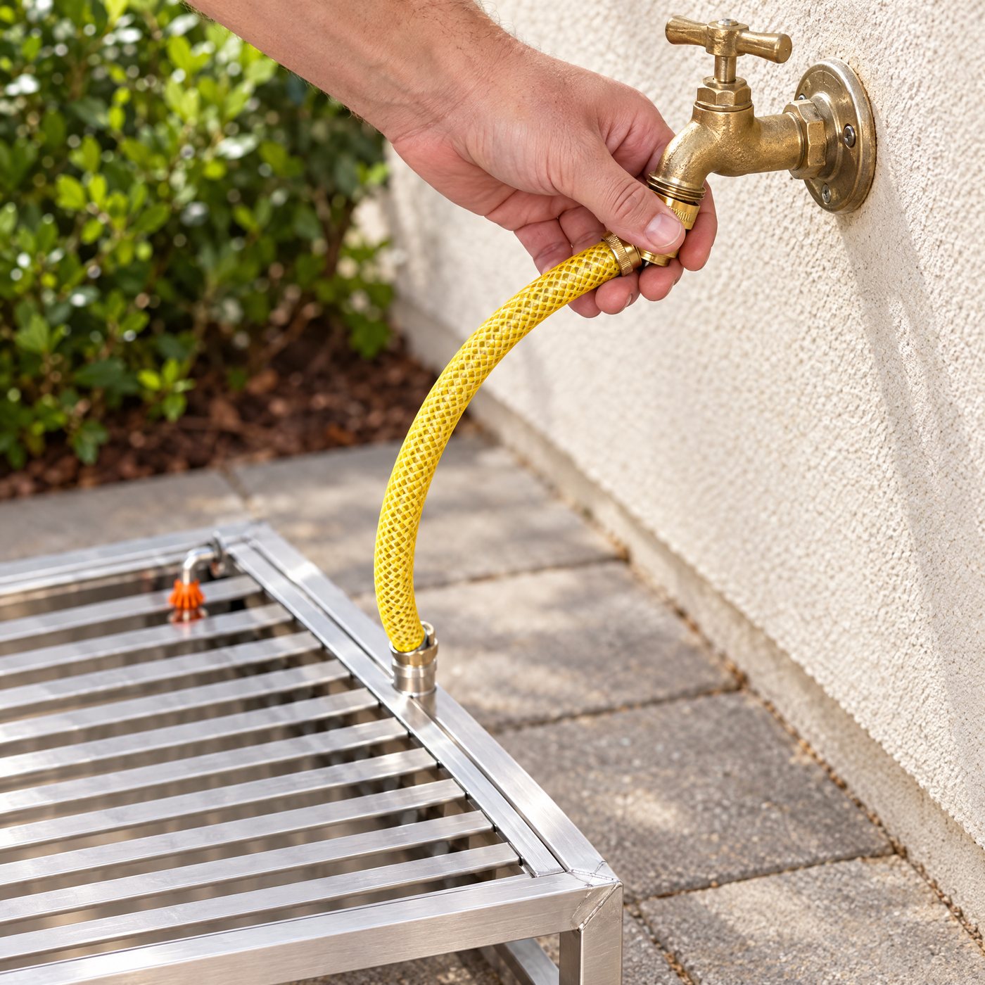 A hand screwing the yellow inlet hose of the Kiba Rinse onto an outdoor tap