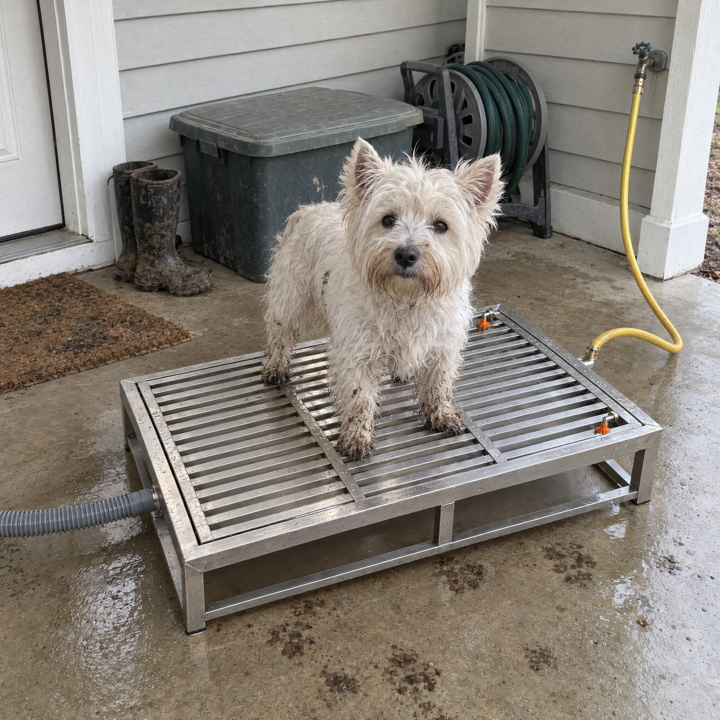 A small white terrier standing on the slatted top of the Kiba Rinse on a porch