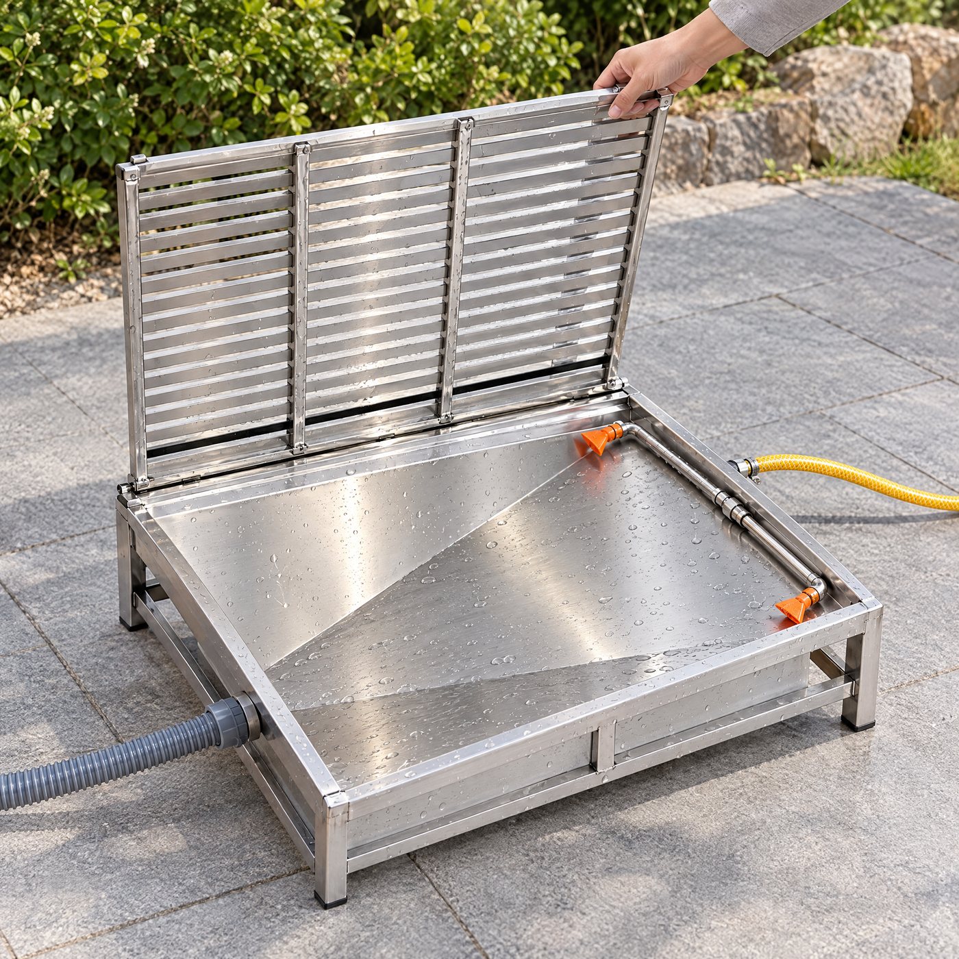 A hand lifting the hinged slatted top of the Kiba Rinse to show the wet steel pan