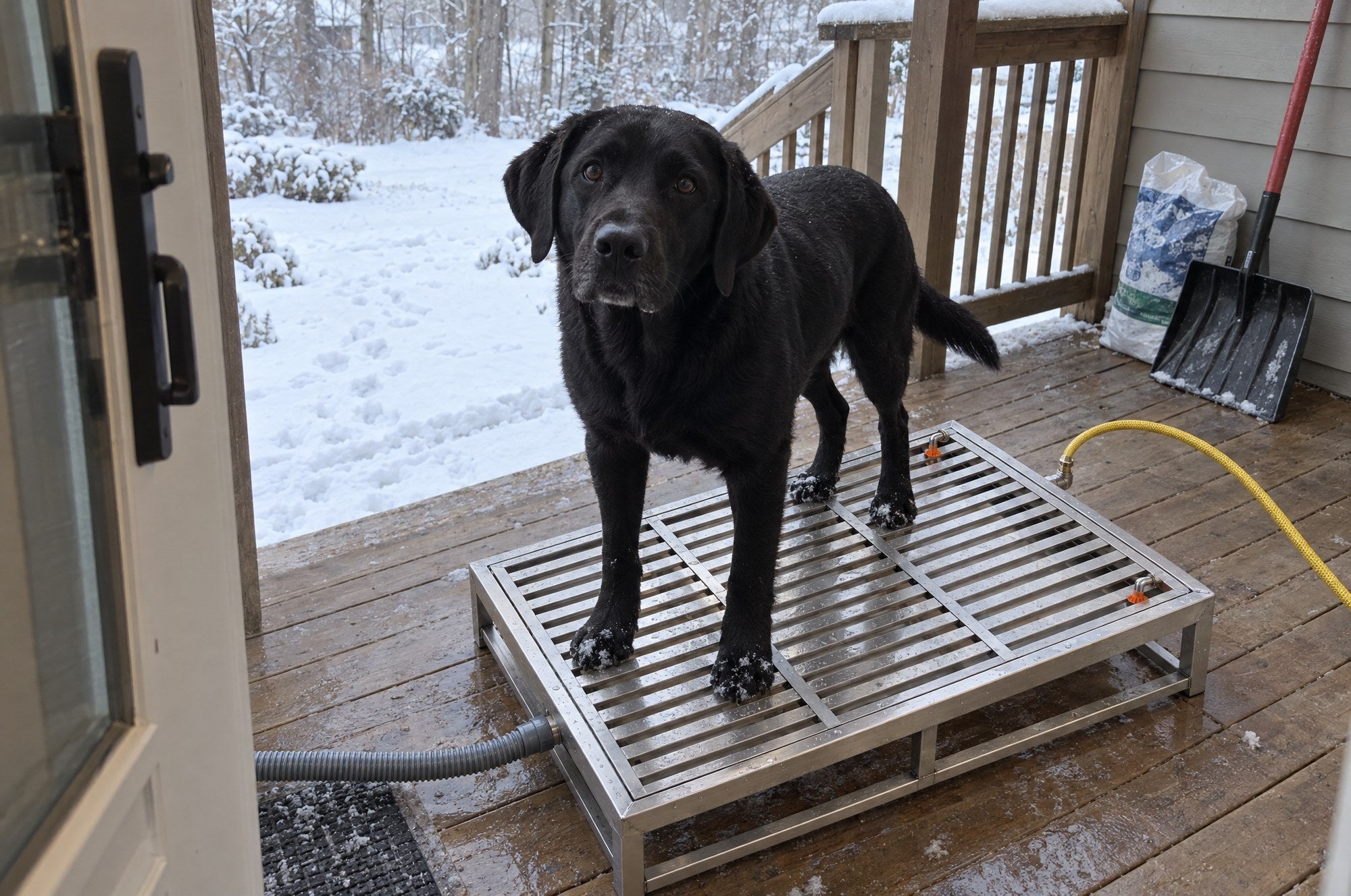 A black Labrador standing on a Kiba Rinse on a covered porch with snow in the garden beyond