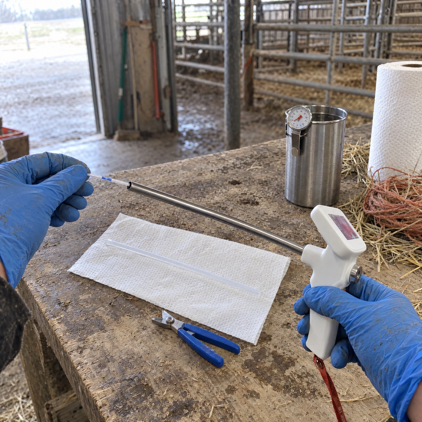 Gloved hands sliding a semen straw into the long steel insemination rod, a fresh sheath and a thaw bath on the bench