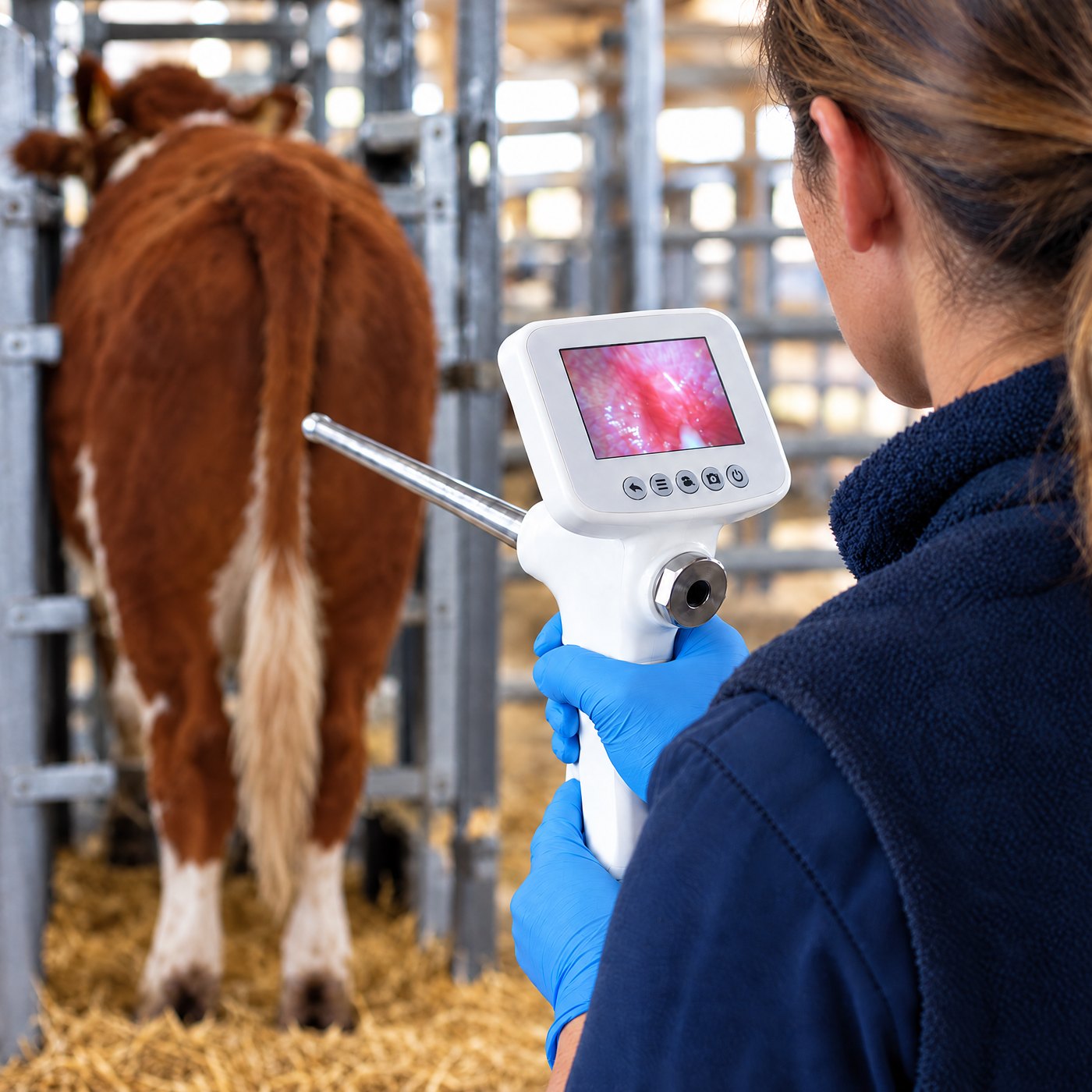 Over the shoulder of a breeder watching the screen of Kiba Scope Cattle, a Hereford cow in a chute ahead
