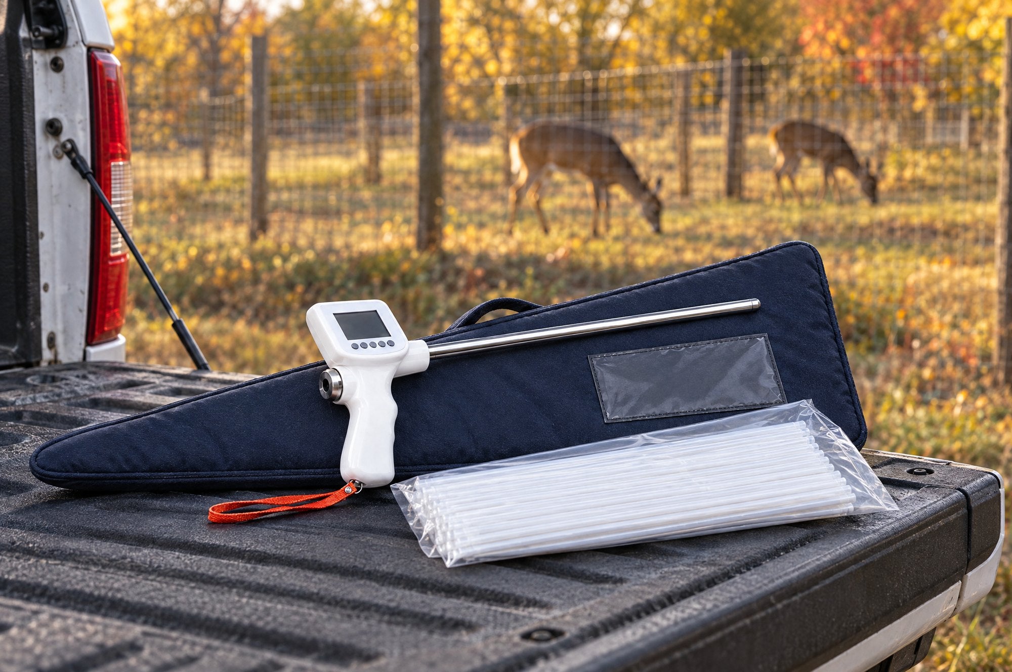 Kiba Scope Deer resting on its closed padded carry bag on a truck tailgate, a bag of sheaths beside it, whitetail does in a high-fenced paddock behind