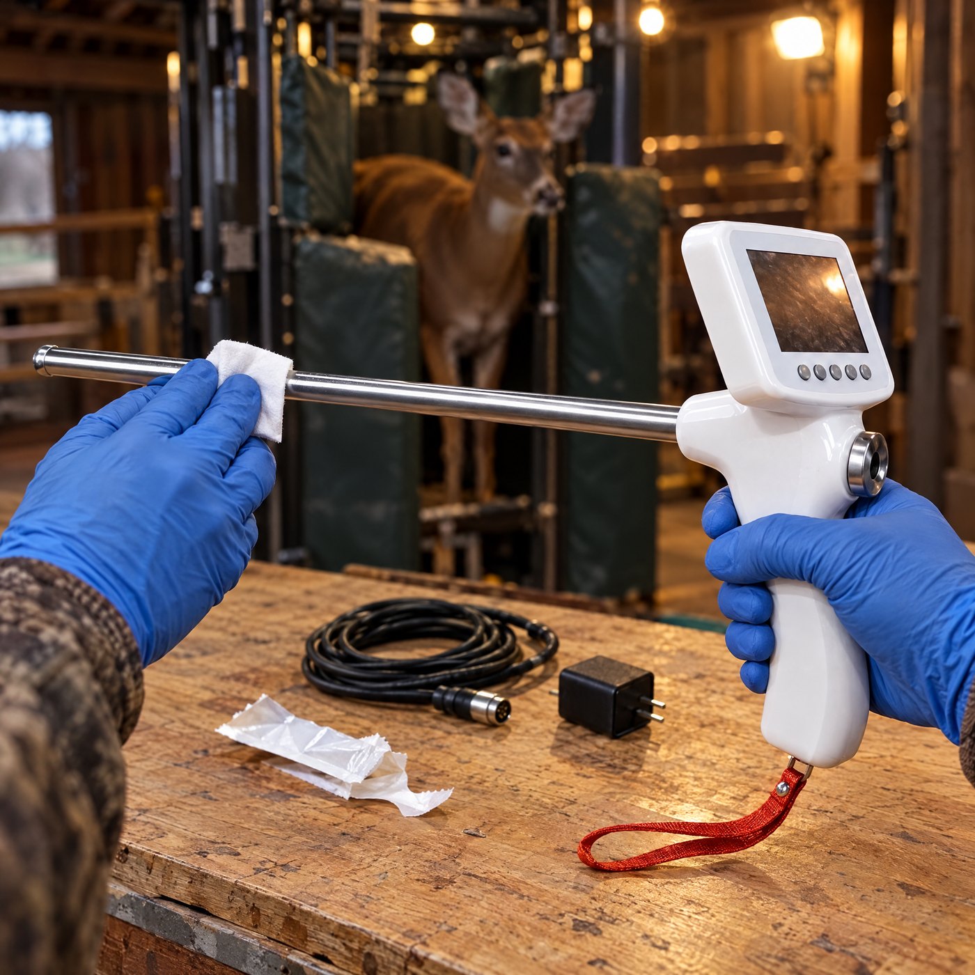 Gloved hands wiping the stainless steel probe of Kiba Scope Deer with an alcohol swab on a workbench, a doe in the handling chute behind