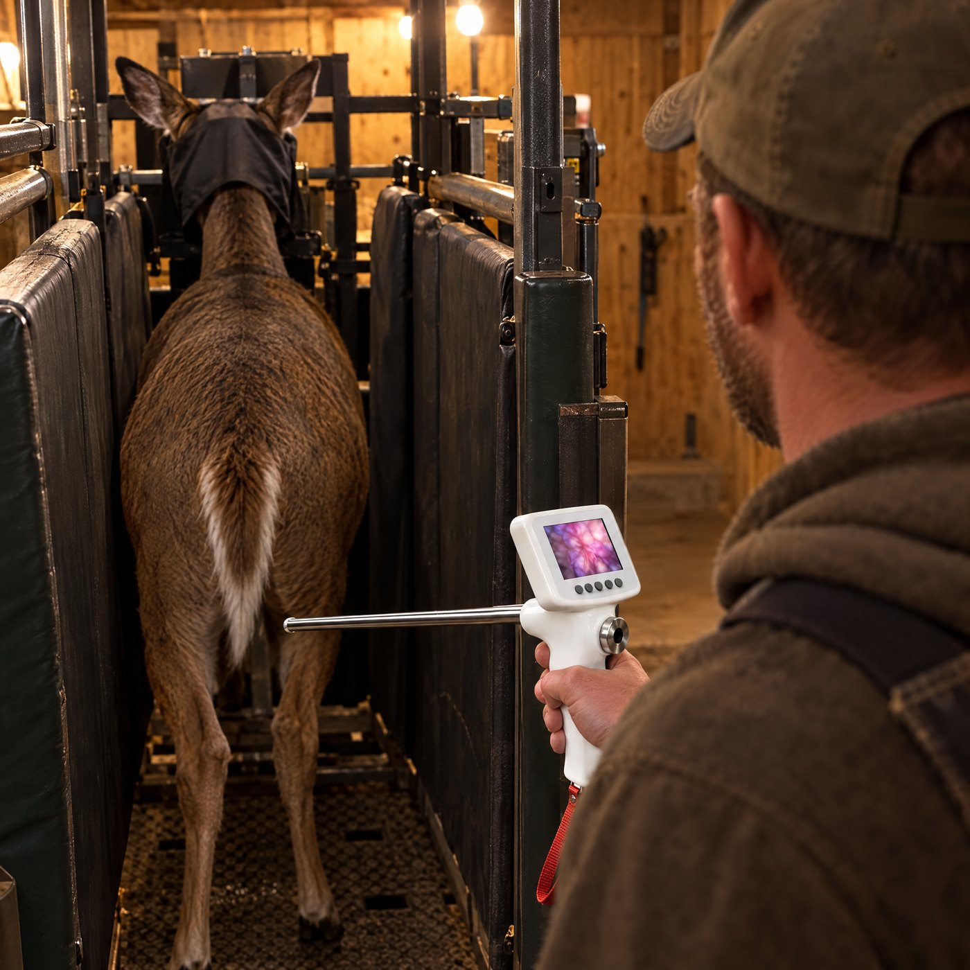 Over the shoulder of a deer farmer watching the screen of Kiba Scope Deer, a hooded doe in the chute ahead